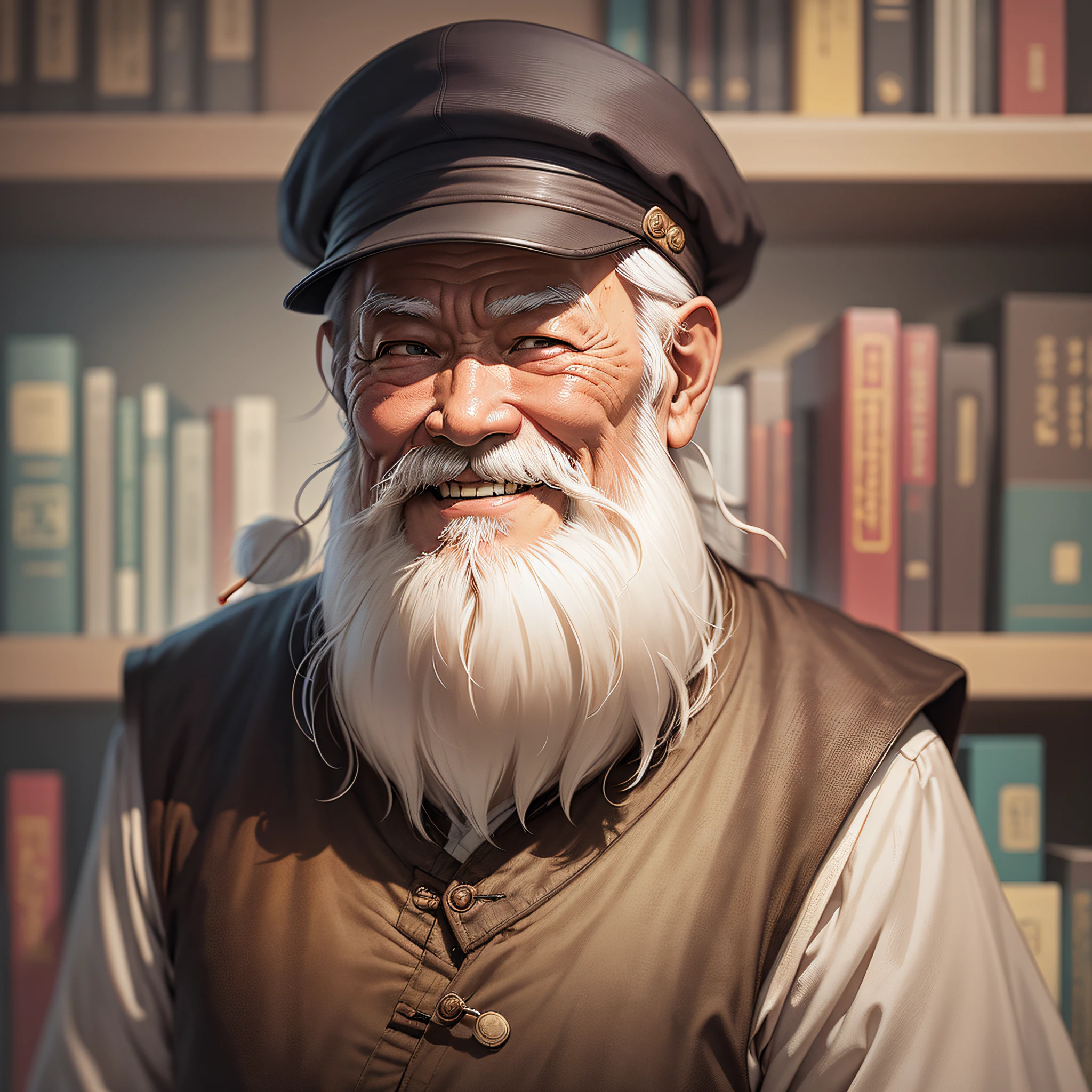 An old Chinese man, standing in front of a bookshelf with a white beard and a smile --auto --s2