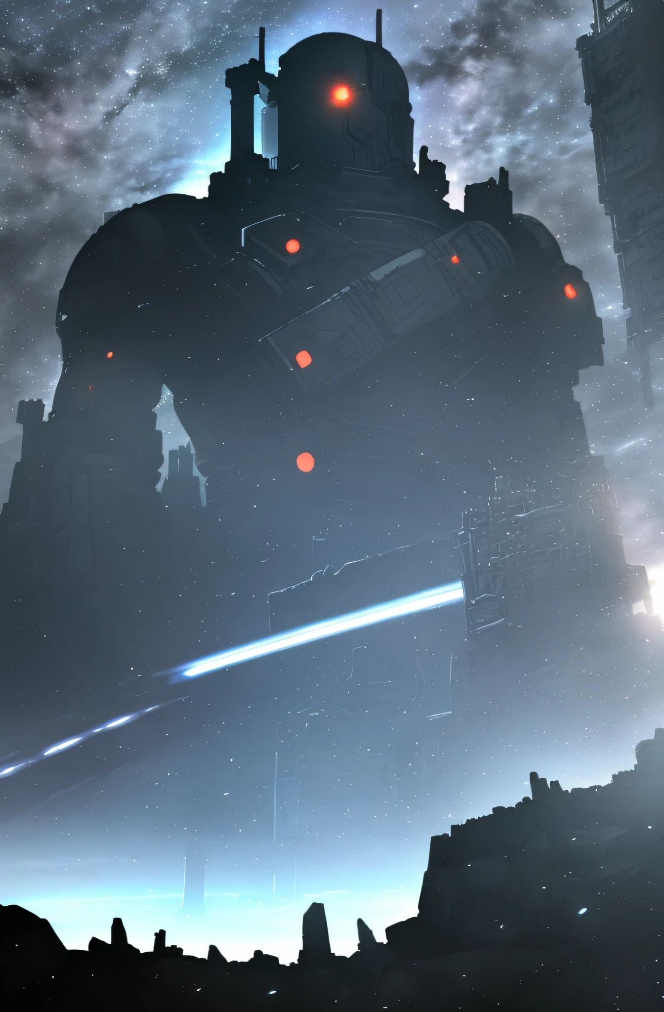 Masterpiece, best quality, super giant mech, towering into the clouds, no humans, black armor, blue eyes, science fiction, fire, laser cannon beam, war, conflict, destroyed building background, (night), darkness, no light, starry sky