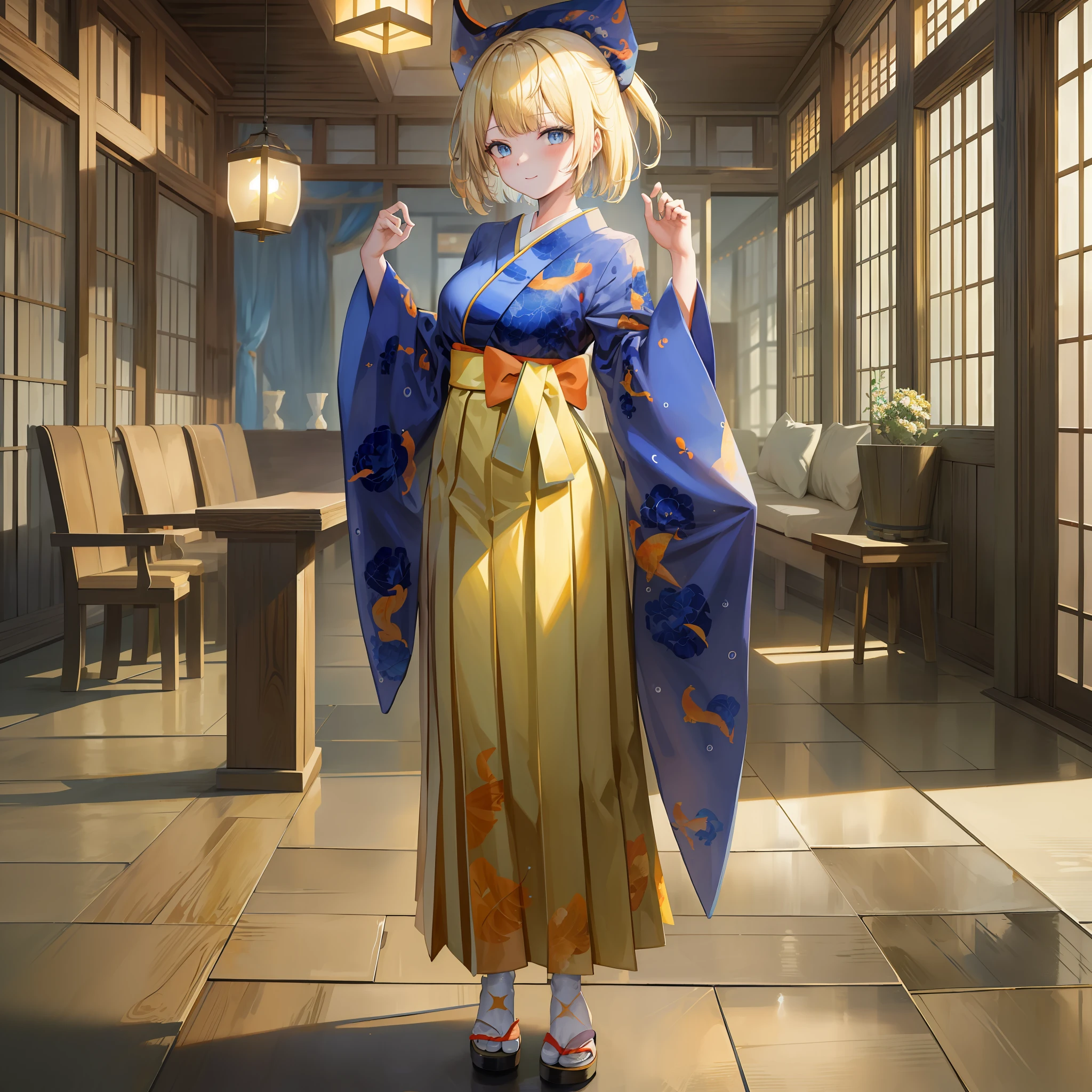 ((Masterpiece)), (Best Quality), Amelia Watson,amelia_kimono, blue kimono, yellow hakama, fish print, (NSFW: 1.5), full body, solo