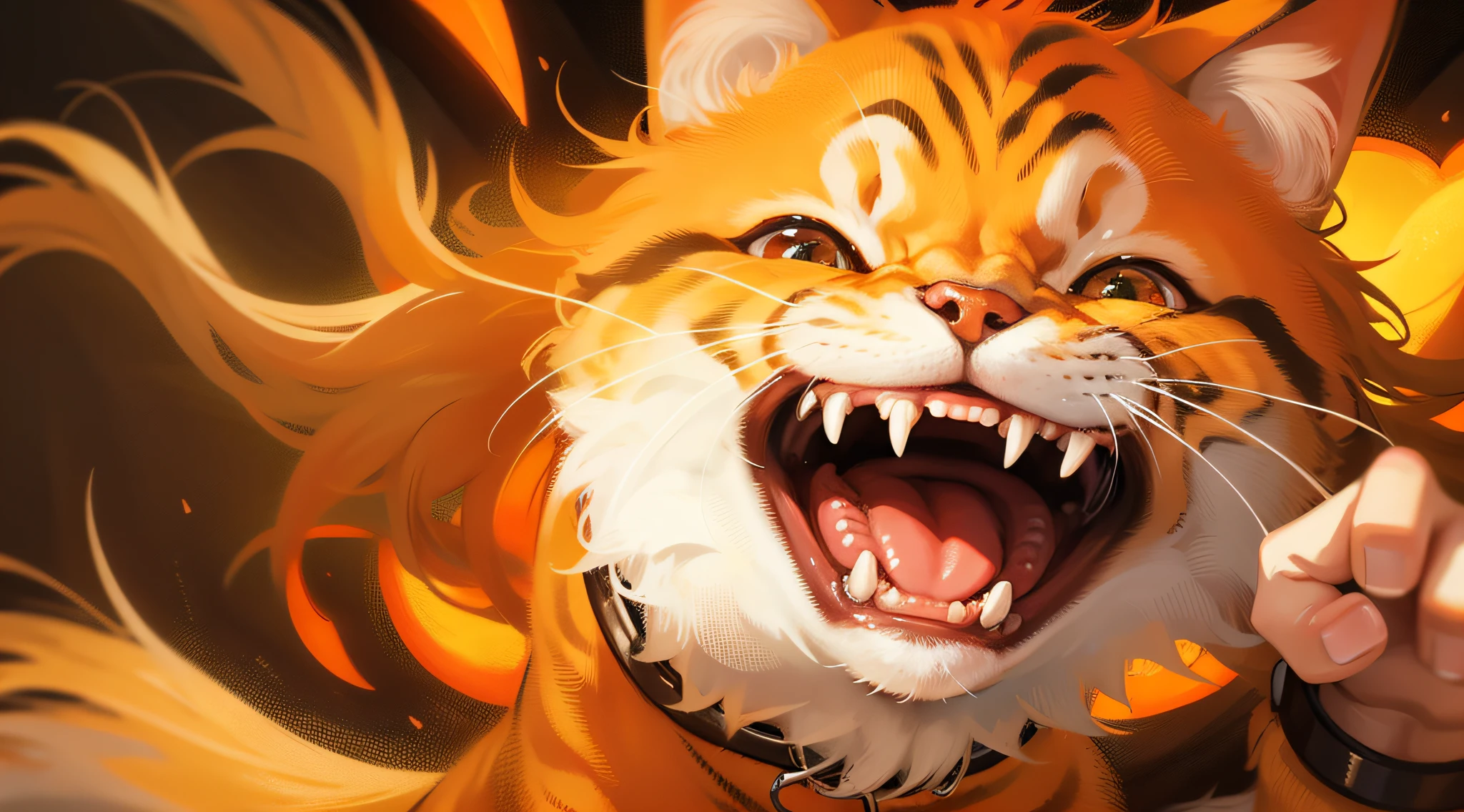 A cat, orange, grinning, wide open mouth, and a fierce face