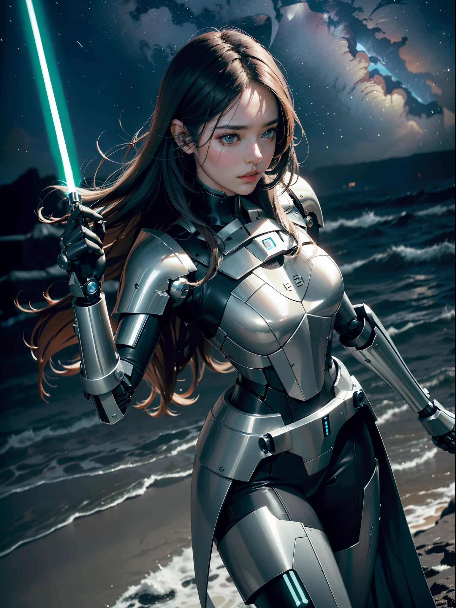 zhongfenghua, (RAW photo, best quality), (realistic, photo-realistic: 1.3), extremely delicate and beautiful, amazing, finely detailed, masterpiece, ultra-detailed, highres, best illustration, best shadow, intricate, depth of field, (dramatic lighting: 1.4), (from above: 1.2), sharp focus, volumetric mist, 8k UHD, DSLR, high quality, (film grain: 1.4), Fujifilm XT3, full body, a beautiful young woman wearing black trench coat, half human half face of robot, ((1 robot,1 robot,Mechanical coast,Mechanical column))| Monotonous metallic color, black colored metal, robot without, robot girl, metallic mixture, cyborg girl)), looking at the viewer, facing front, fighting posture
(Cable: 1.2), (transmission tube: 1.2), (machine eye: 1.3), ((mechanical part connection)), ((both arms)|(complex mechanical component: 1.2~1.6)), ((costalis)|(robot joints: 1.2~1.6), , Streamlinerai mecha, (lightsaber), earth, milky_way, starry, water, ((armor)), water, wave