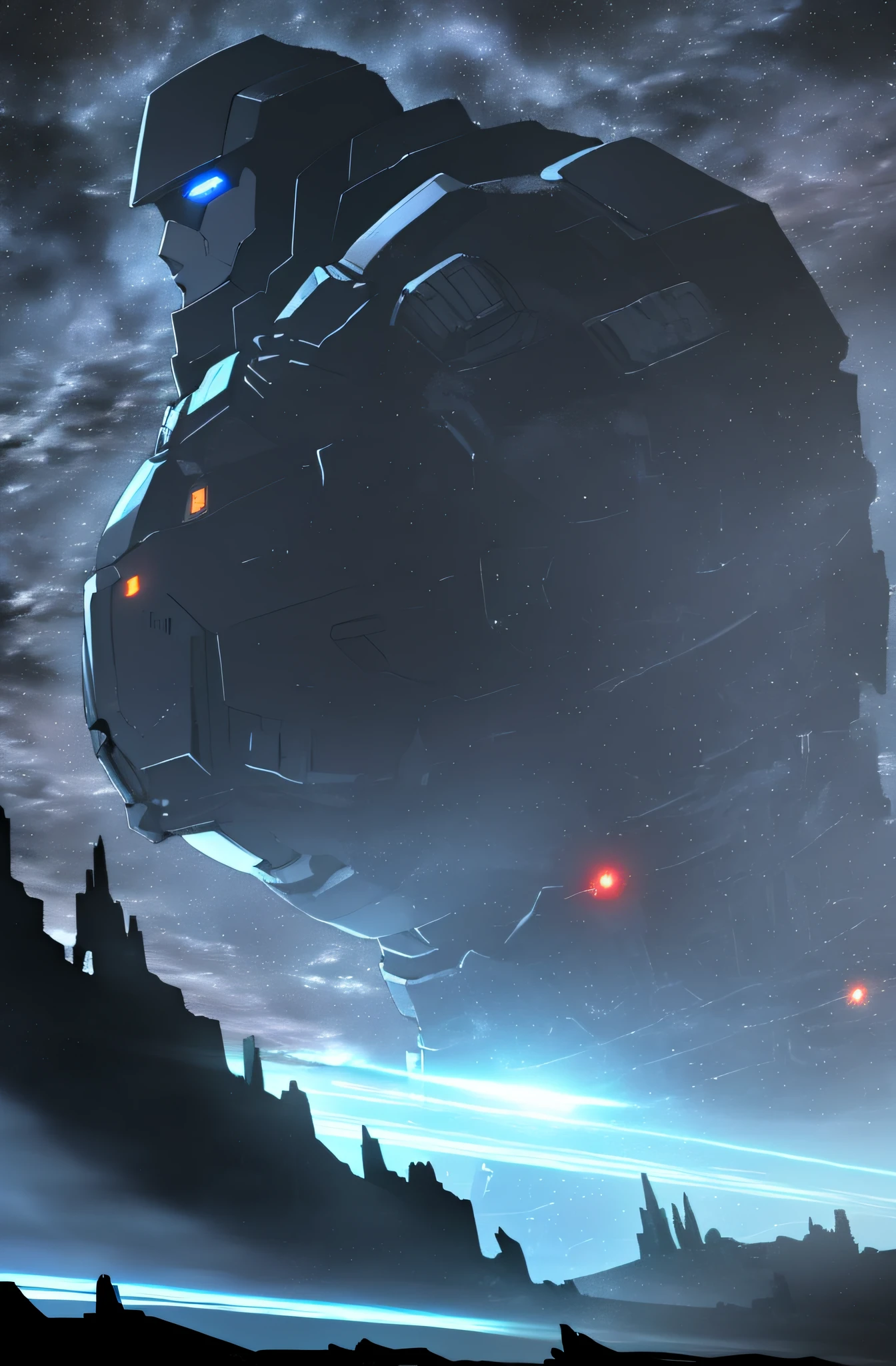 Masterpiece, best quality, super giant mech, towering into the clouds, no humans, black armor, blue eyes, science fiction, fire, laser cannon beam, war, conflict, destroyed building background, (night), darkness, no light, starry sky