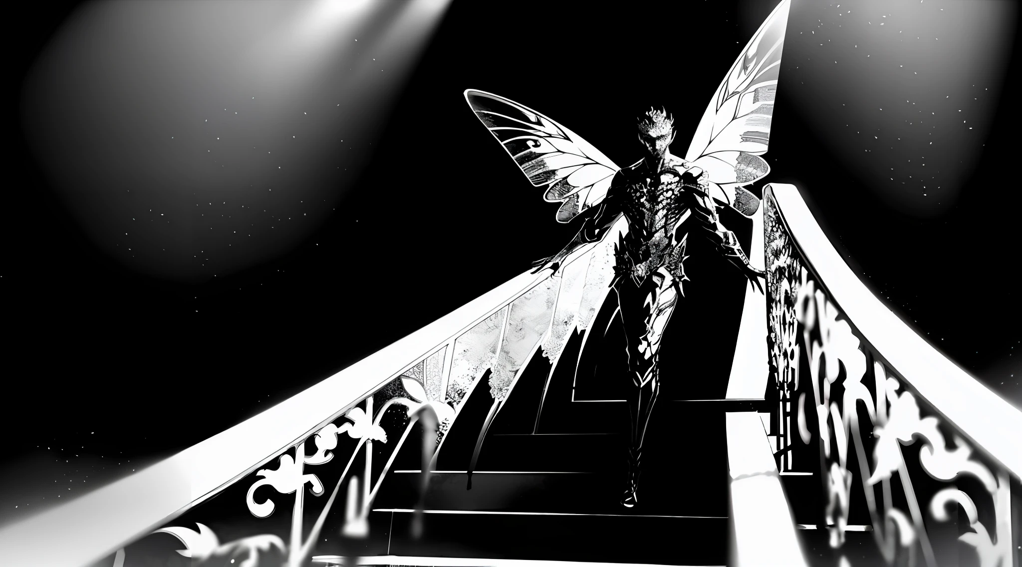 Vitor Fadul stands at the top of the staircase, bathed in a spotlight that casts a dramatic silhouette against a darkened backdrop. His majestic butterfly wings, outlined with shimmering light, symbolize his artistic liberation and growth. As Vitor passionately sings the empowering chorus, his voice fills the air with intensity and determination. The scene is rendered in a three-dimensional sculpture, capturing the intricate details of Vitor's performance and evoking a sense of depth and presence. Sculpture, utilizing lighting techniques to enhance the dramatic effect, --ar 16:9 --v 5 greyscale, monochrome, ((masterpiece))