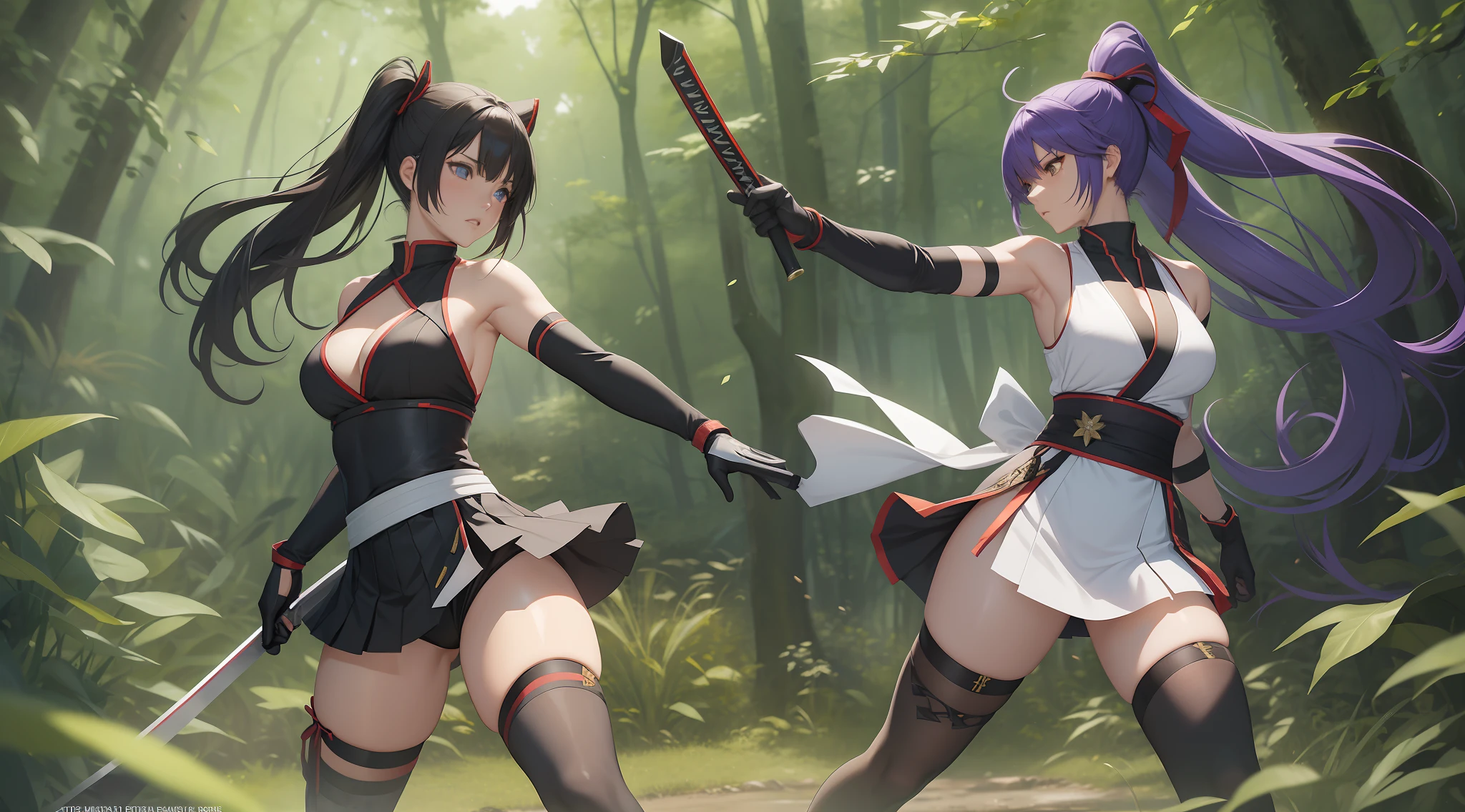 Full body shot of two female character from Dead or Alive game. Kasumi versus Ayane, 1 versus 1, fighting in a fierce duel death match with short swords, weapon with serious expression. One of them take lethal slash and wounded. They have long loose hairstyle and, small thighs, and slender legs. They are wearing different color of traditional sleeveless kimono, a pair of thin long black elbow gloves, proper skirt with no slit, an obi tied on back hip. Both of them are wearing a pair of black thigh highs and black shoes. Background set in a lush forest.