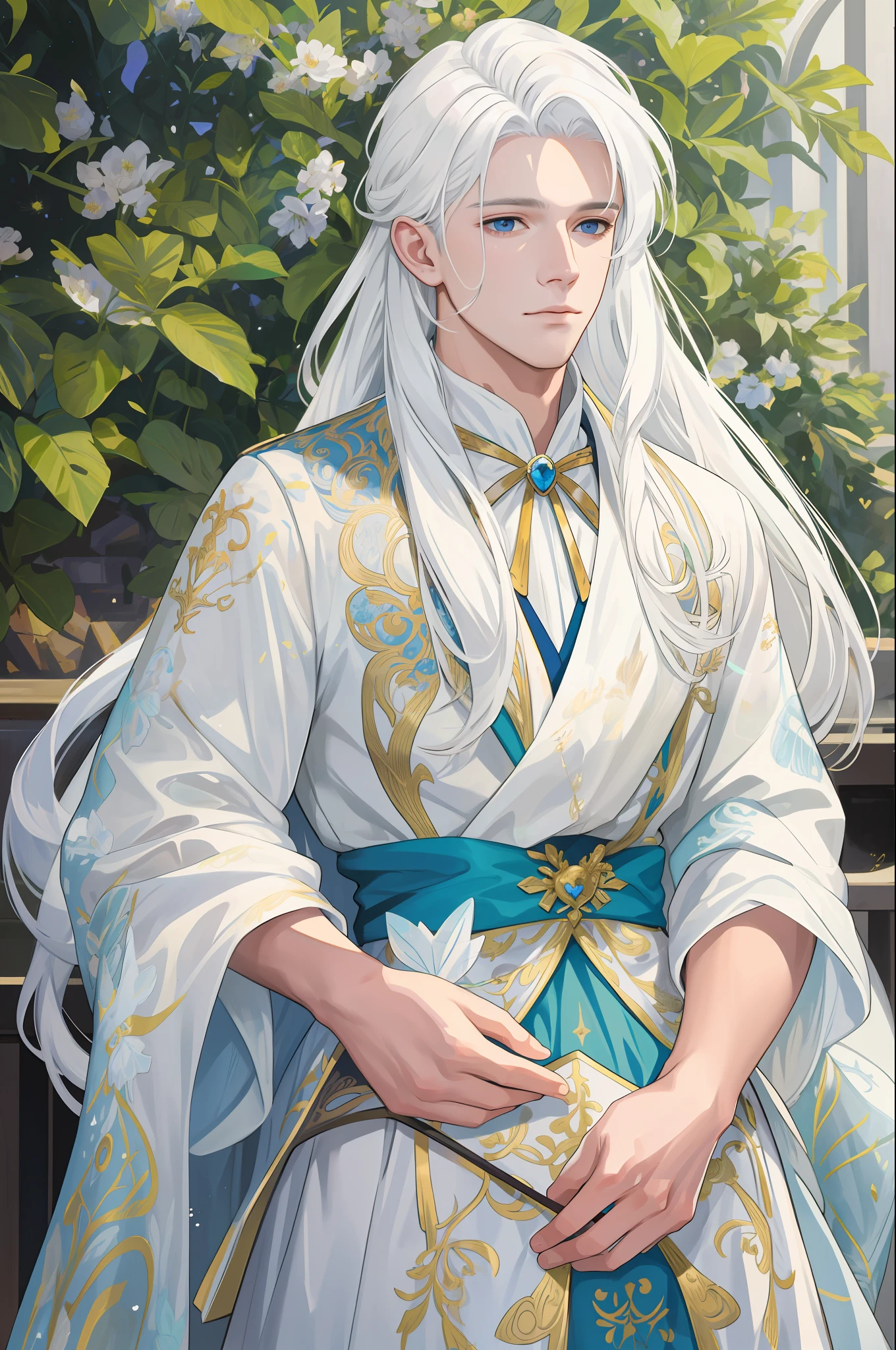 Masterpiece, super-fine, semi-realistic, detailed facial features, 1boy, white hair, long hair, wearing exquisite fairy costumes