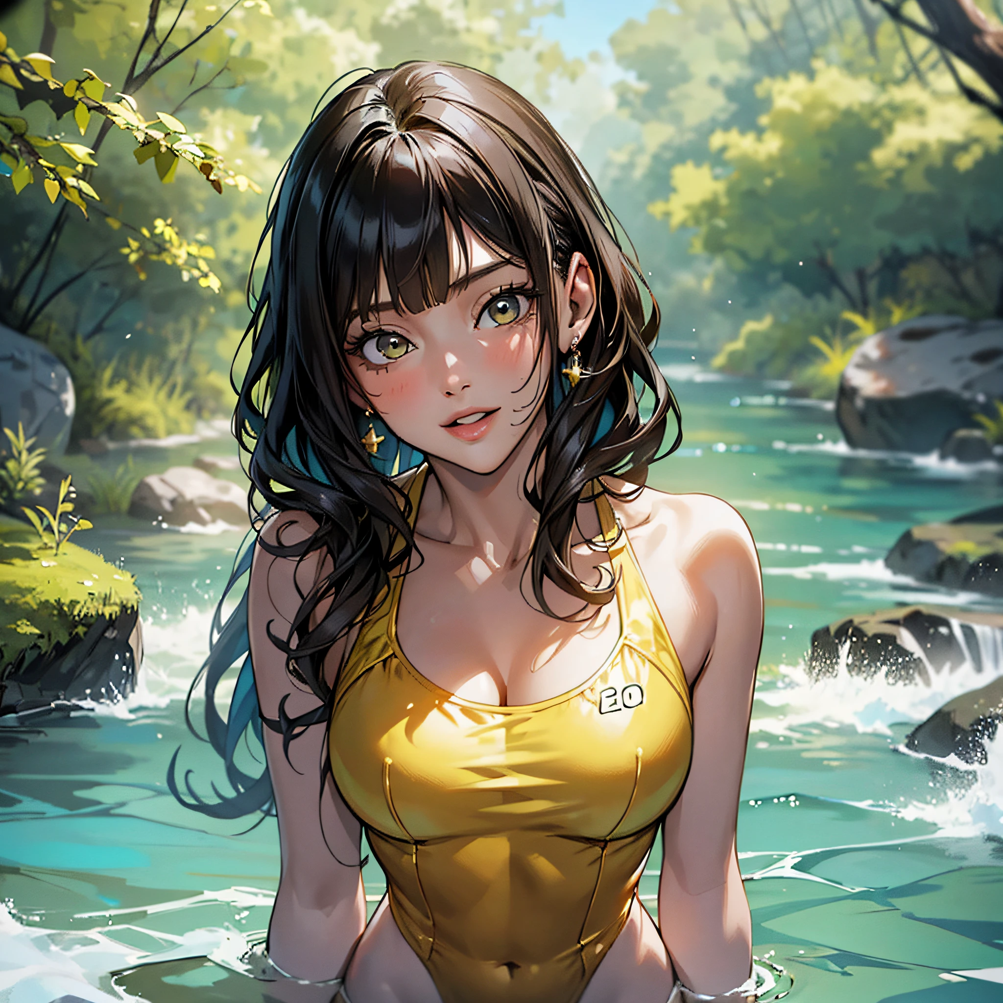 (8k), (best quality), (masterpiece: 1.2), (realistic), (photorealistic: 1.37), super detailed, one girl, viewer is watching, full body, 25 years old, yellow one piece swimsuit