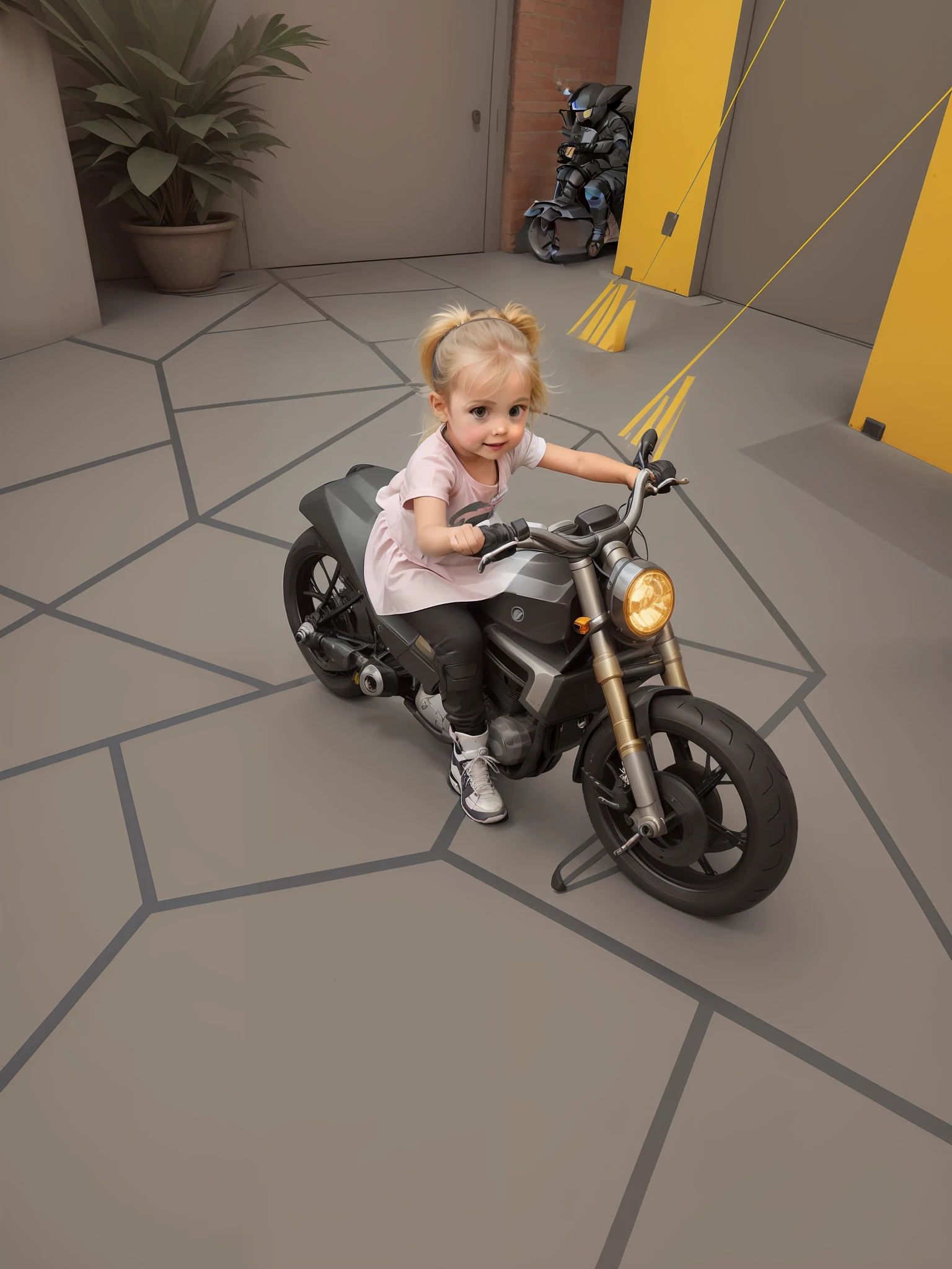 There's a girl riding a futuristic motorcycle, trying to ride it, futuristic bike, really trying to ride it, having a lot of fun, riding a motorcycle, child, toddler, on a motorcycle, having a good time, small child, 4 years old, twirling, spinning, amazing, perfect detail, Air force sneakers