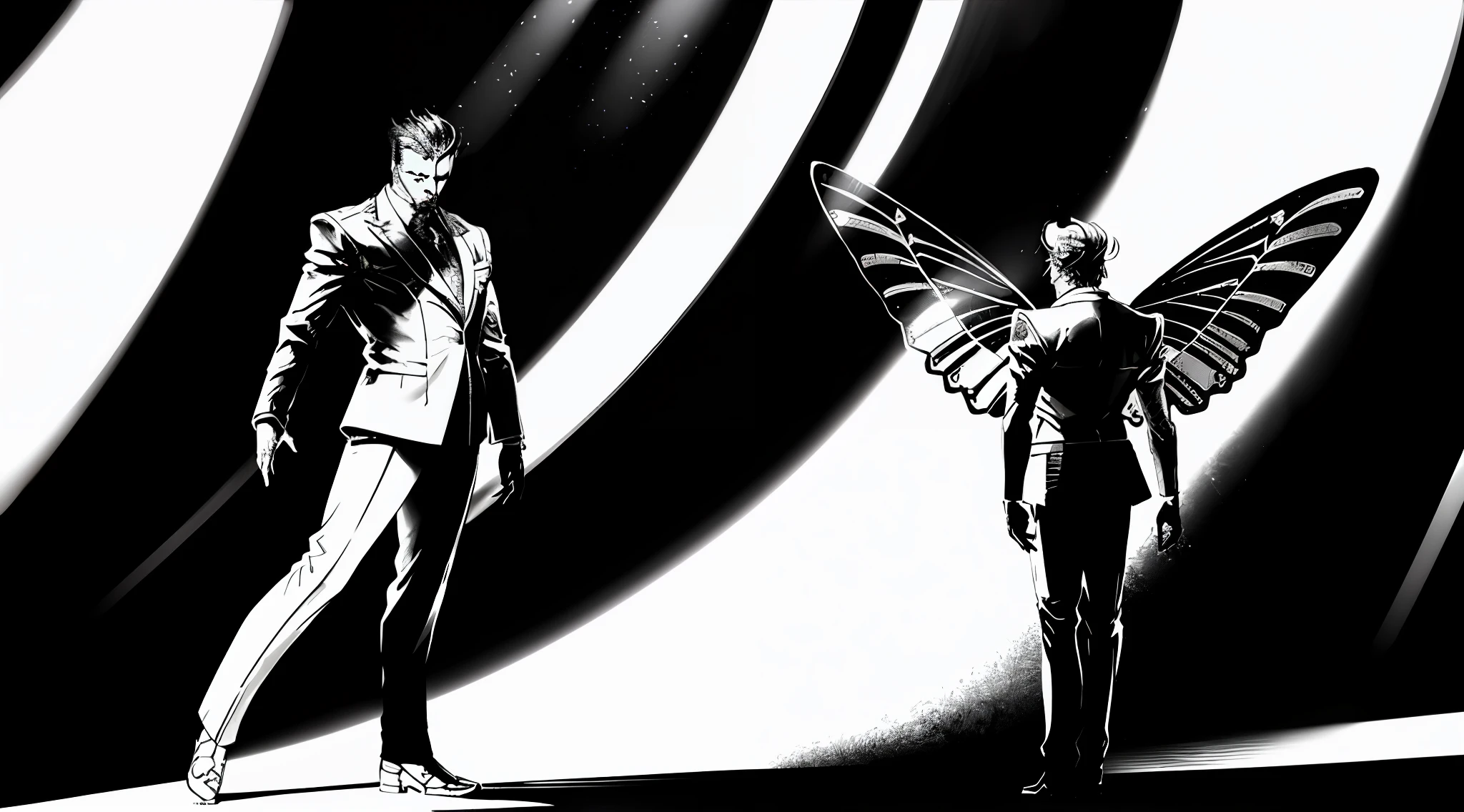Vitor Fadul stands at the top of the staircase, His majestic butterfly wings, outlined with shimmering light dressed in a superstar outfit inspired by Elvis Presley with a contemporary twist bathed in a spotlight that casts a dramatic silhouette against a darkened backdrop. His majestic butterfly wings, outlined with shimmering light, symbolize his artistic liberation and growth. As Vitor passionately sings the empowering chorus, his voice fills the air with intensity and determination. The scene is rendered in a three-dimensional sculpture, capturing the intricate details of Vitor's performance and evoking a sense of depth and presence. Sculpture, utilizing lighting techniques to enhance the dramatic effect, --ar 16:9 --v 5 greyscale, monochrome, ((masterpiece))