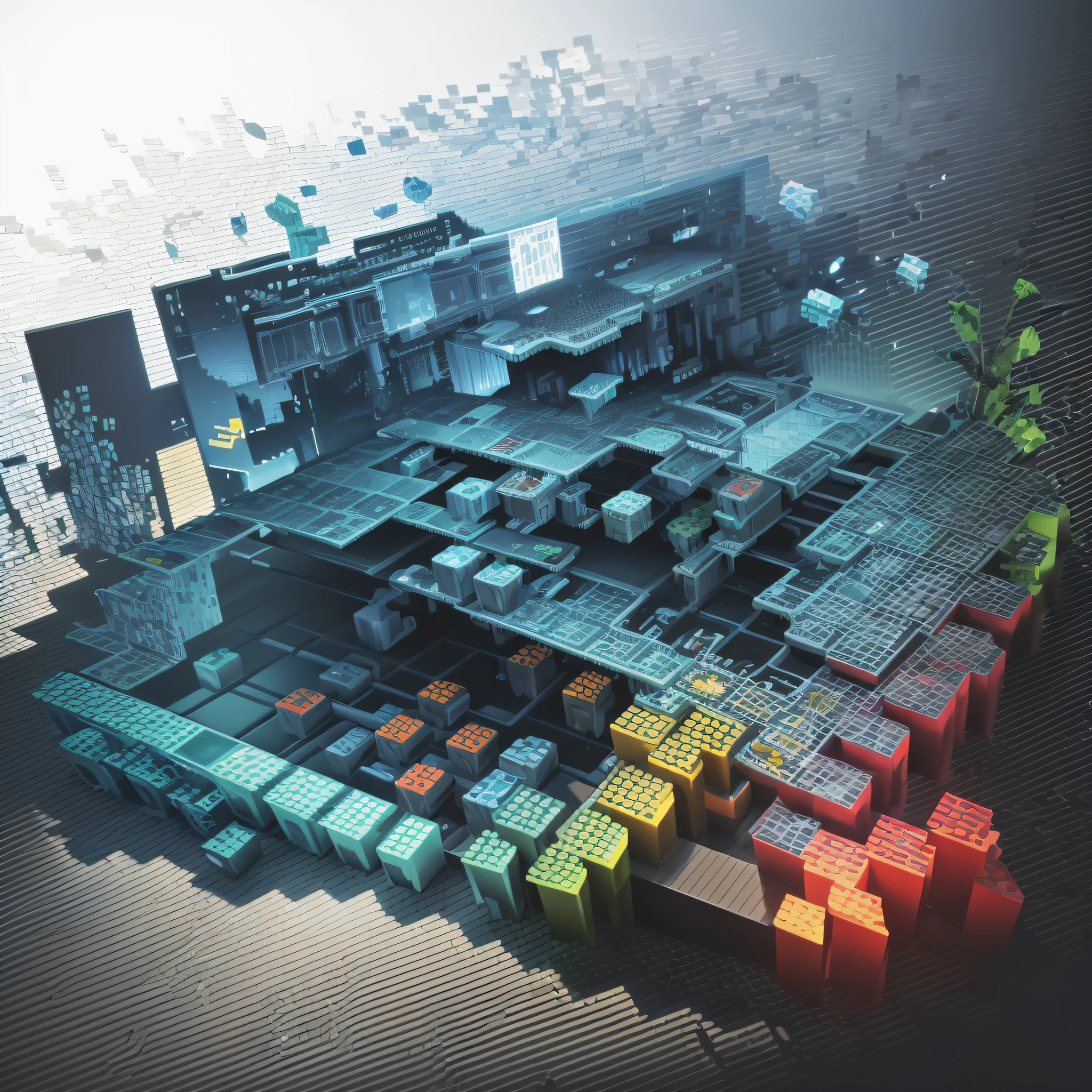 Video game products, Posters, mosaic, Main image, stereoscopic, a high-tech, Simple white background, There is an electronic product as the main picture, Can be a computer, Game, Mosaic style, 3d, abstract --auto --s2