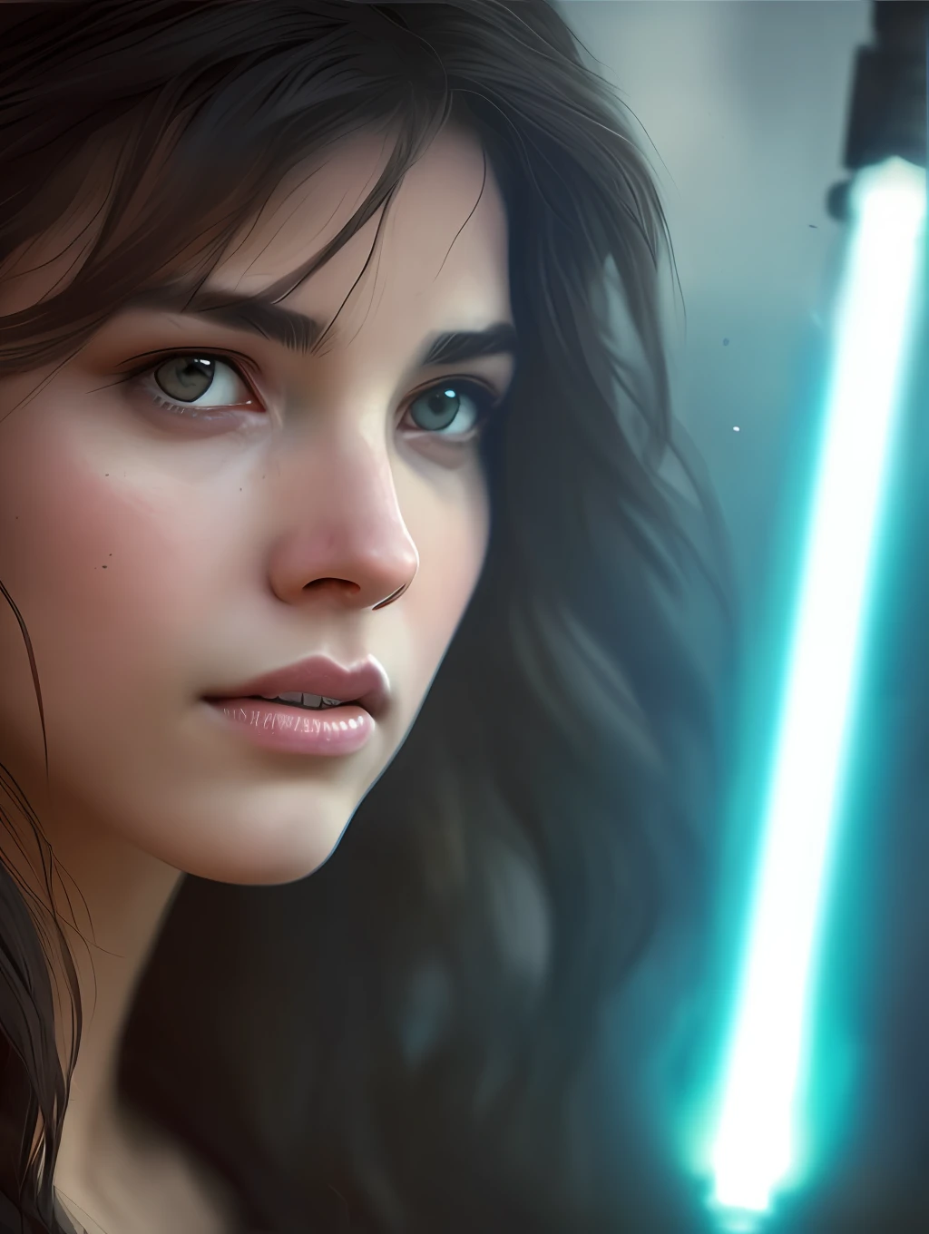 medium range portrait of a hyperdetailed in the style of a A Star Wars’s Jedi Grandmaster in the style of Mark Demsteader, Jedi character, low angle shot (pleasant:1.3) thoughtful expression, (using a light saber:1.3), cinematic shot on canon 5d ultra realistic skin, Steve Henderson Fabian Perez Henry Asencio, Jeremy Mann Marc Simonetti fantasy magical horror atmosphere, (highly detailed environment:1.3), low angle shot, dynamically extreme action poses