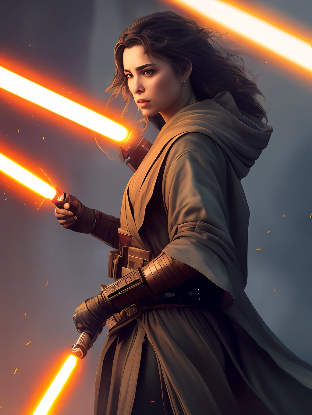 medium range portrait of a hyperdetailed in the style of a A Star Wars’s Jedi Grandmaster in the style of Mark Demsteader, Jedi character, low angle shot (pleasant:1.3) thoughtful expression, (using a light saber:1.3), cinematic shot on canon 5d ultra realistic skin, Steve Henderson Fabian Perez Henry Asencio, Jeremy Mann Marc Simonetti fantasy magical horror atmosphere, (highly detailed environment:1.3), low angle shot, dynamically extreme action poses