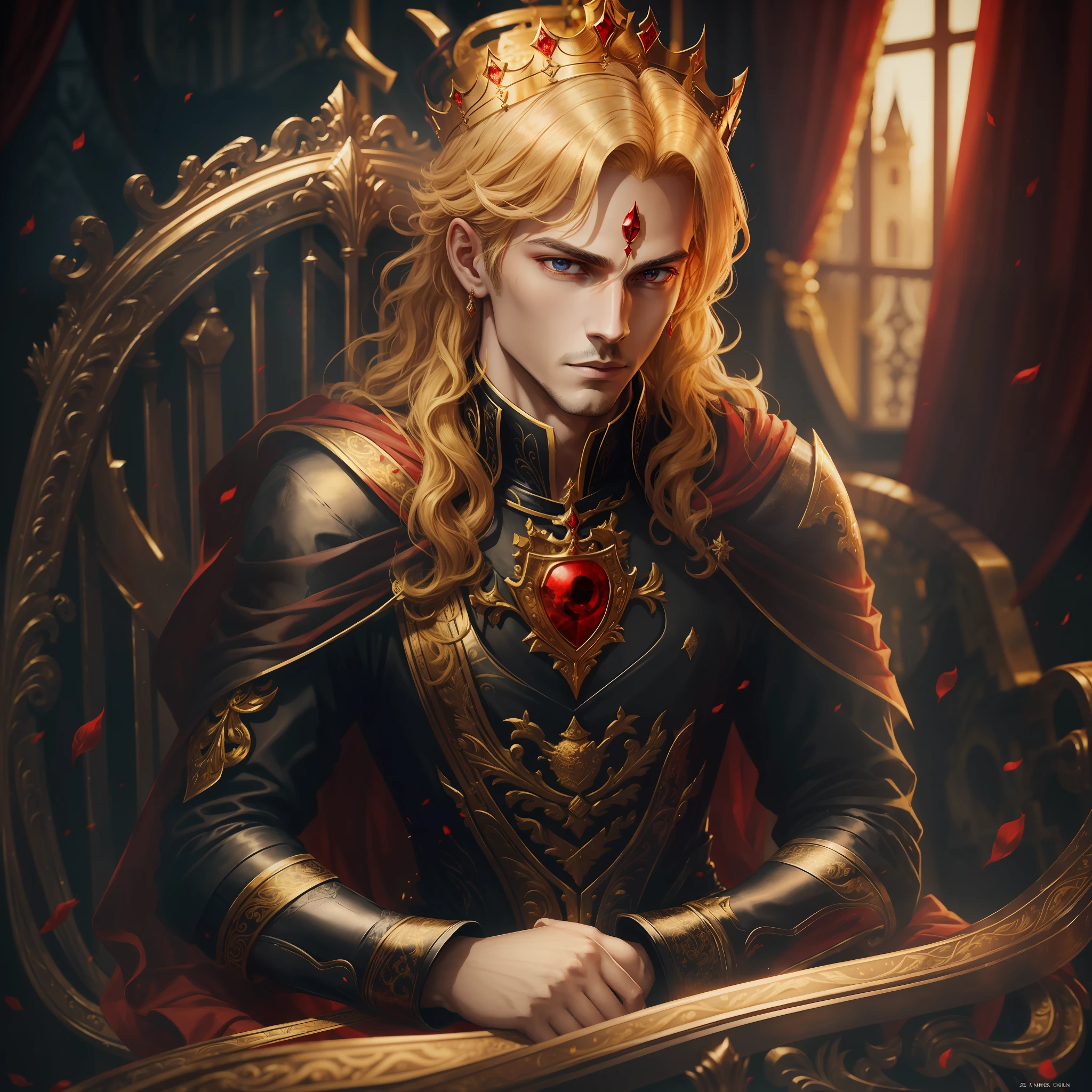 A prince in a black suit with red details, holding a sword, his crown is yellow and he is in his castle, he has red eyes and blond hair --auto --s2