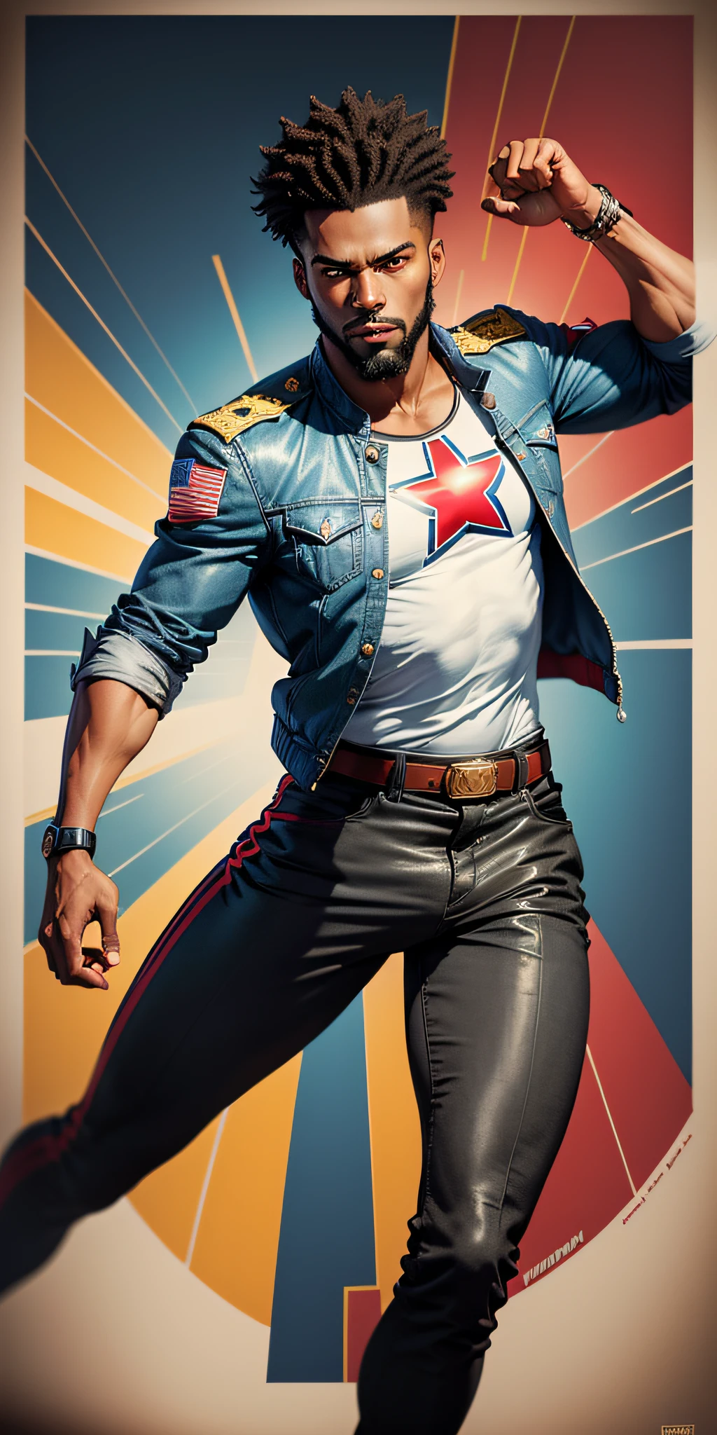 A young black man with short black curly hair and black beard in superhero pose, American World War II poster, Gil Elvgren style, WLOP, Artgerm ((Poster style)) ((wearing gray jacket with red star on the chest and blue pants)) (planets in the background of the image) ((looking forward and fighting pose)) detailed clothing, electric rays, 1 boy, solo, body fitness, poster design, poster art style. 1980s, 1950s, 1960s, 1940s, basic color scheme, very colorful poster, colorful art, third rule, dynamic pose, man (((1 young man of 23 years)))), looking at the viewer, blurred background, golden eyes