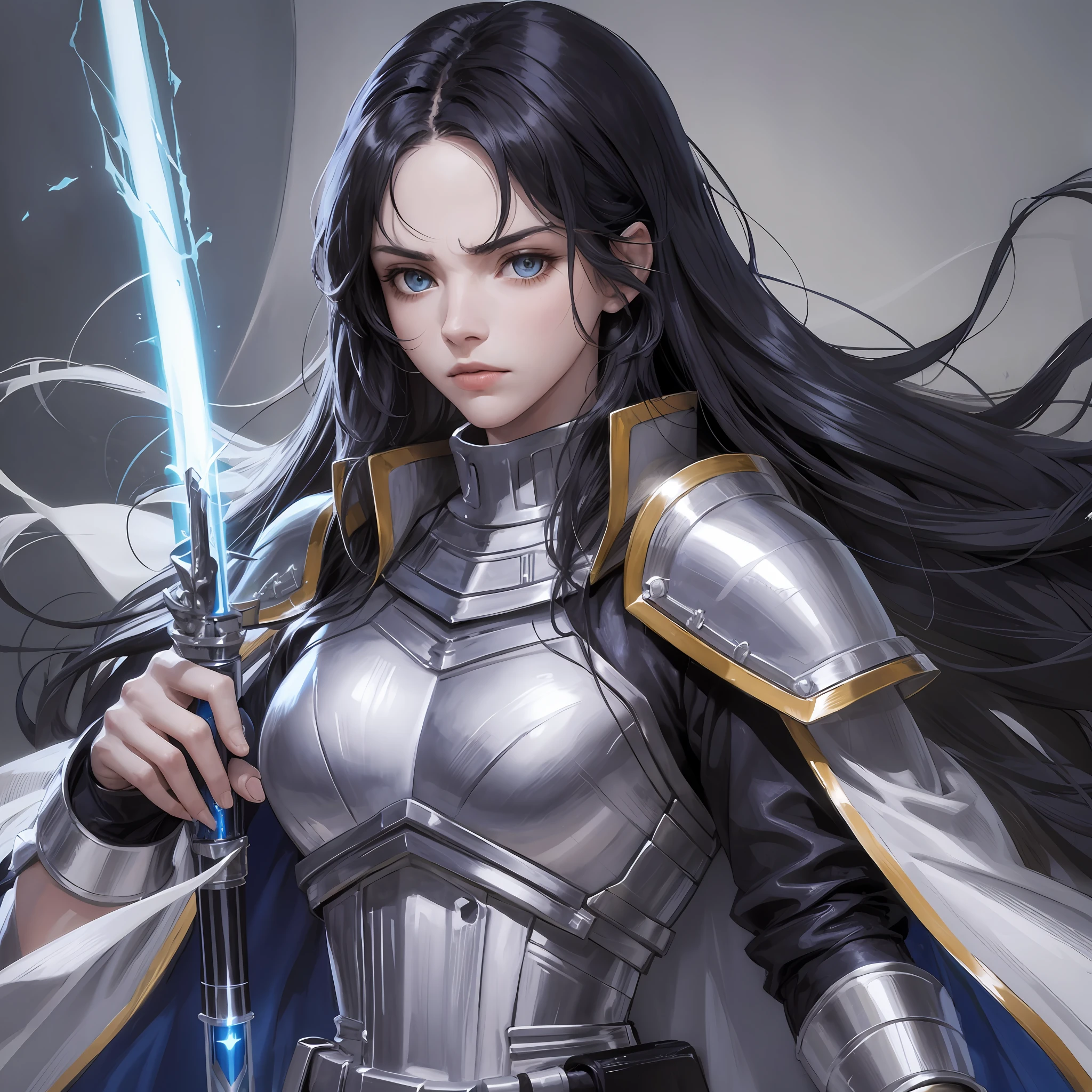 Blue lightsaber in hand, 5 fingers, long hair, serious face, combat attire, black hair, bright golden eyes, white armor, cloak, adult woman --auto --s2