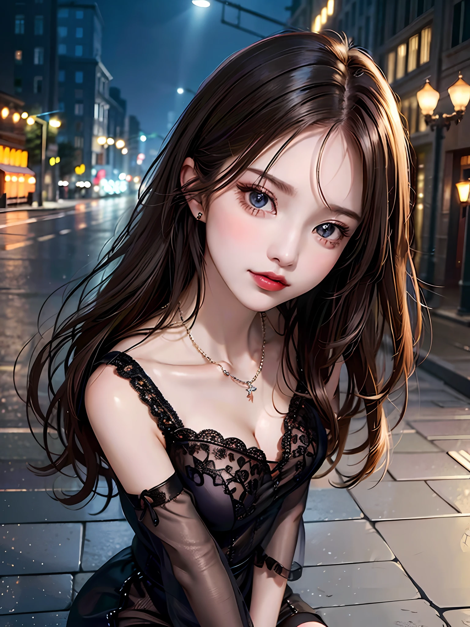 Masterpiece, high quality, real photo, 1girl, beautiful face, big eyes, light makeup, collarbone chain, stockings, floral top, backlight, halo diffusion, street lamp, dynamic composition, full body, night view, depth of field