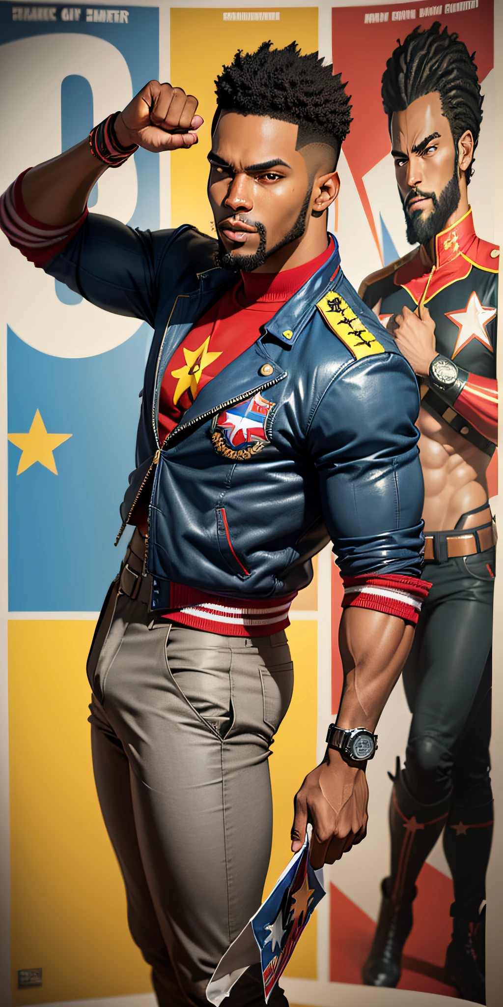 A young black man with short black curly hair and black beard in superhero pose, American World War II poster, Gil Elvgren style, WLOP, Artgerm ((Poster style)) ((wearing gray jacket with red star on the chest and blue pants)) (planets in the background of the image) ((looking forward and fighting pose)) detailed clothing, electric rays, 1 boy, solo, body fitness, poster design, poster art style. 1980s, 1950s, 1960s, 1940s, basic color scheme, very colorful poster, colorful art, third rule, dynamic pose, man (((ung man of 23 years)))), looking at the viewer, blurred background, golden eyes