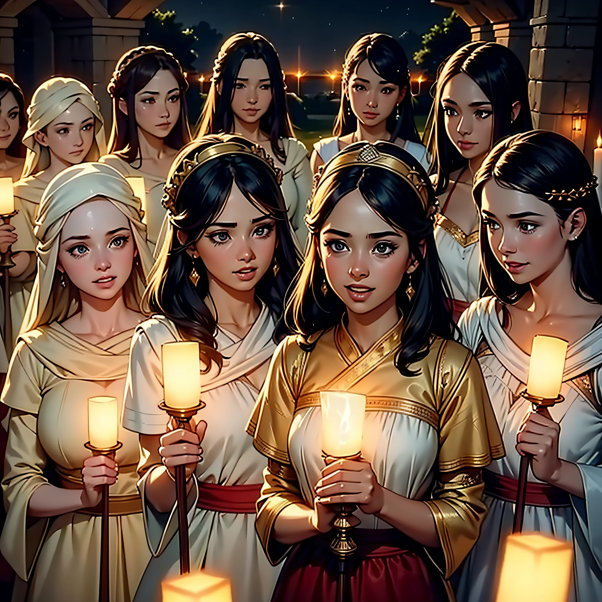 Photo Raw, (masterpiece), (best quality), [(sparkling eyes high details)], (skin high details), [(perfect hands high details)], wedding, 10 young women in tunics carrying lit lamps in hand, they are happy, laughing, epic biblical representation, 8k, UHD, night, cinematic lighting, --s2