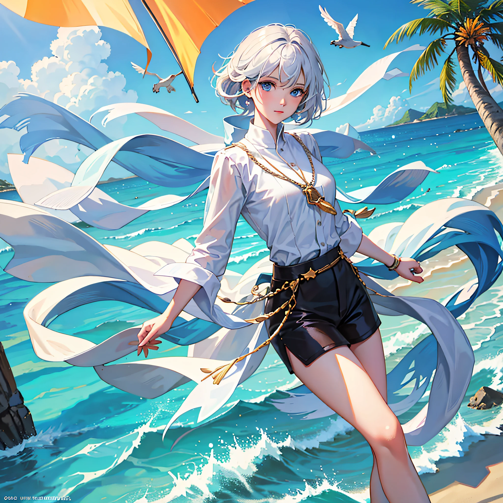 Solo, a handsome boy, a man with short white hair, blue eyes, wearing a white T, black shorts, tropical beach scene, sailboat, palm trees and rocky coastline, clear blue waters, higher quality, high detail, super high resolution, 8k resolution, master works, best picture quality, depth of field, panorama, island, reef, crystal clear water, pebbles, petals floating, flowers, islands.