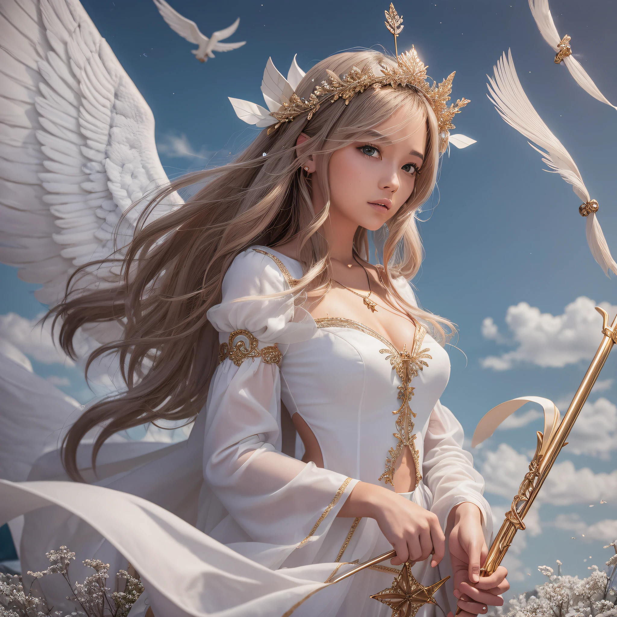 Angel woman, ray wreath crown, breezy weather, holding a windstaff ,4k --auto --s2