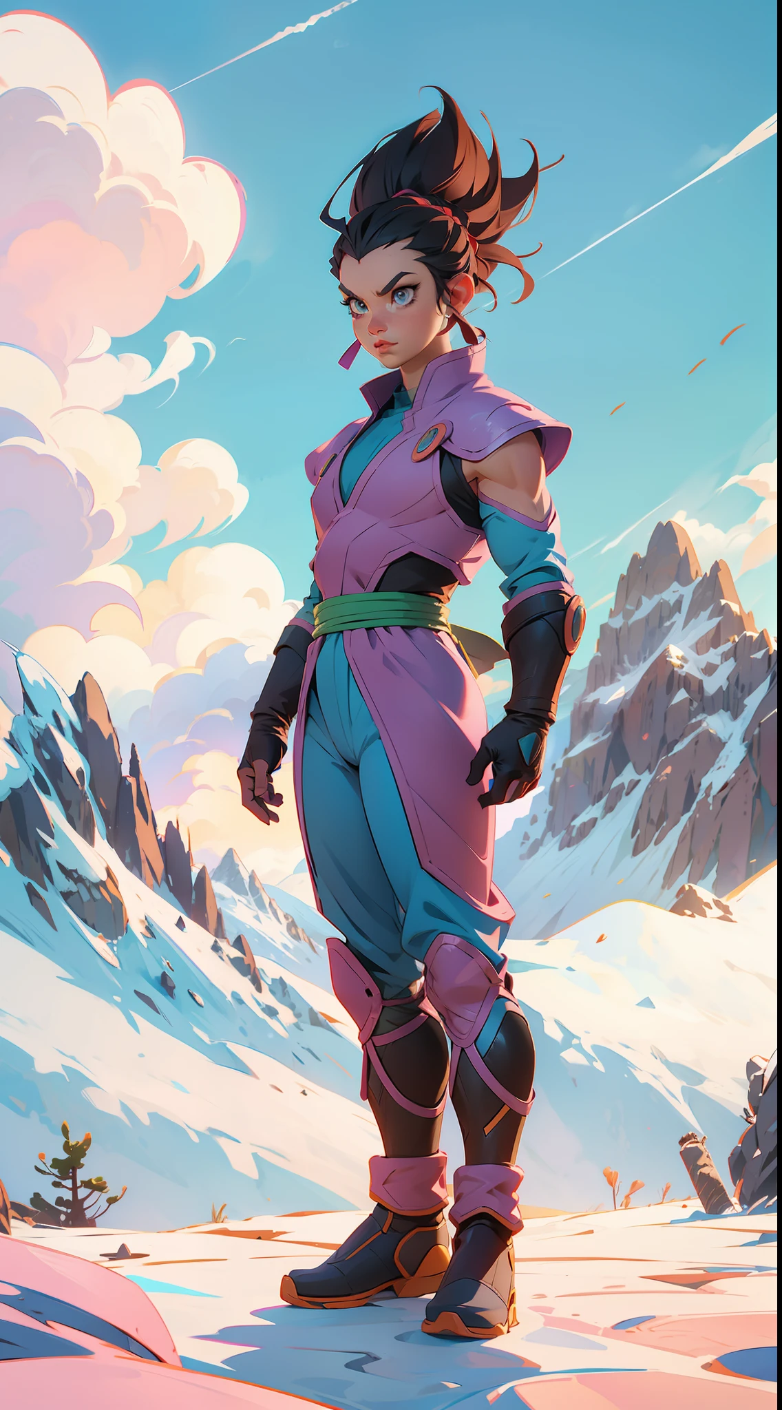 Dragon Ball Super character concept , full body, (((in the background mountains and a beautiful sky))), colored,, wide angle, super highly detailed, professional digital painting, artstation, concept art, smooth, sharp focus, no blur, no dof, extreme illustration, Unreal Engine 5, Photorealism, HD quality, 8k resolution, cinema 4d, 3D, beautiful, cinematic