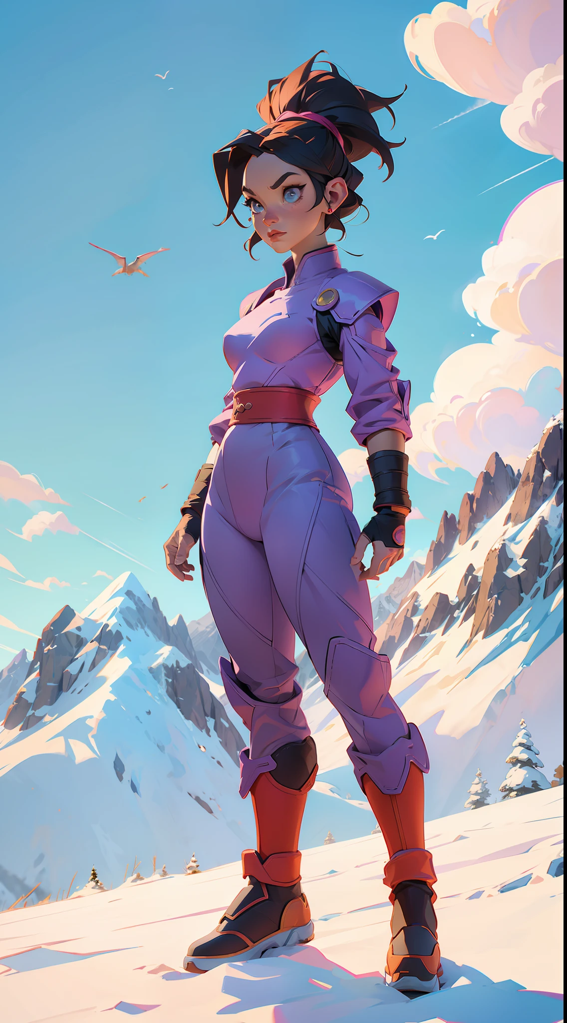 Dragon Ball Super character  concept , full body, (((in the background mountains and a beautiful sky))), colored,, wide angle, super highly detailed, professional digital painting, artstation, concept art, smooth, sharp focus, no blur, no dof, extreme illustration, Unreal Engine 5, Photorealism, HD quality, 8k resolution, cinema 4d, 3D, beautiful, cinematic