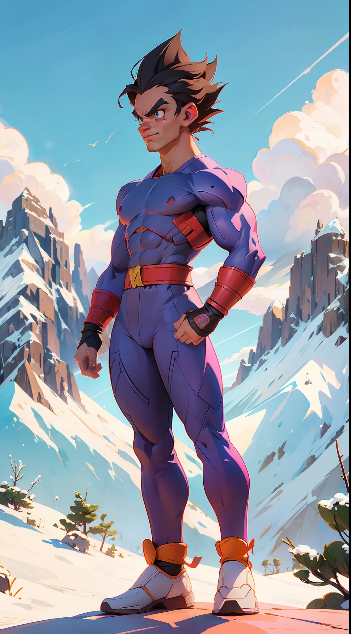 Dragon Ball Super character super stong bodybuilder concept , full body, (((in the background mountains and a beautiful sky))), colored,, wide angle, super highly detailed, professional digital painting, artstation, concept art, smooth, sharp focus, no blur, no dof, extreme illustration, Unreal Engine 5, Photorealism, HD quality, 8k resolution, cinema 4d, 3D, beautiful, cinematic