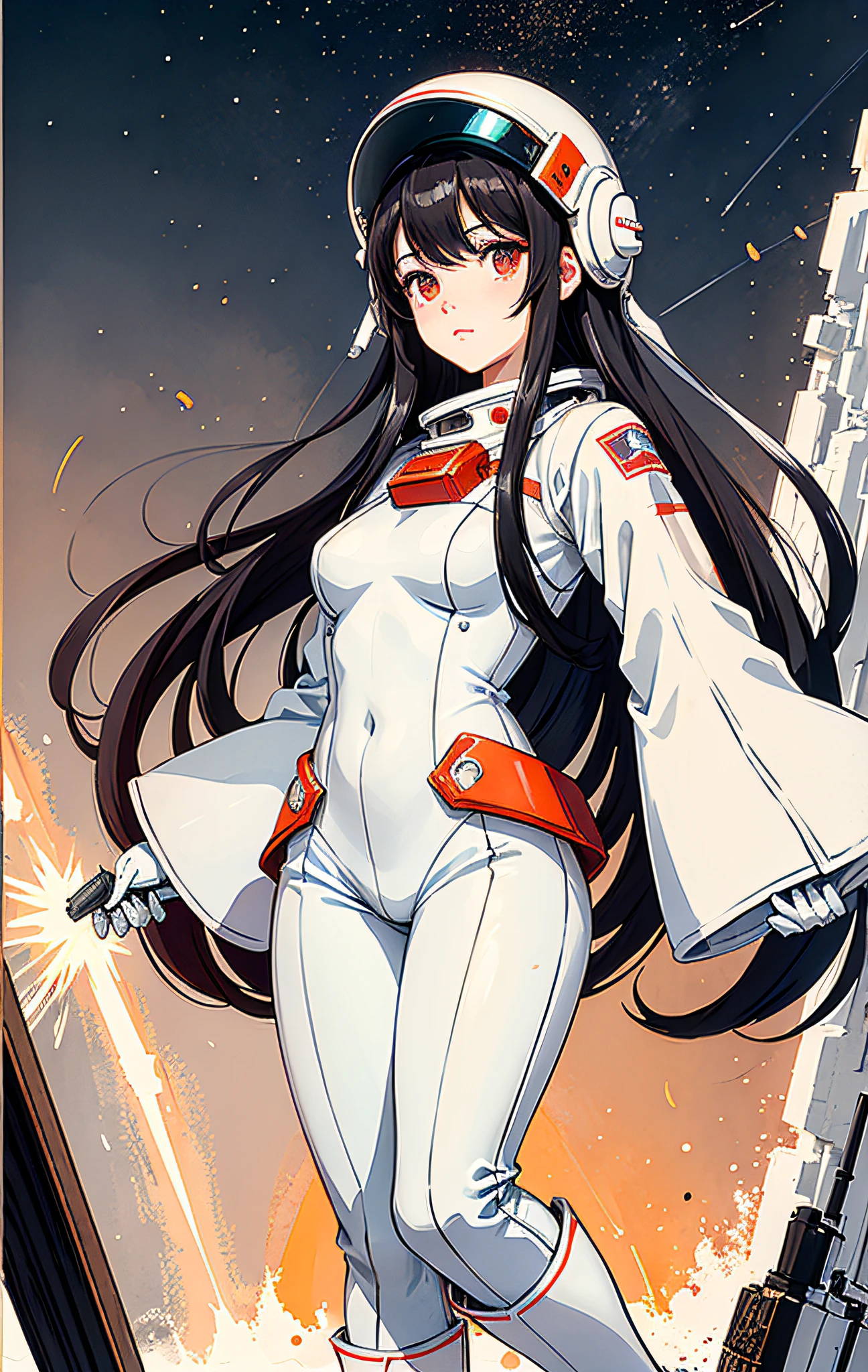 1girl,flat_breasts,cute,beautiful detailed eyes,shiny hair,visible through hair,hairs between eyes, CCCPposter, sovietposter,red monochrome,soviet poster, soviet,communism,
Black_hair,red_eyes,vampire,age,poorbreast,Spacesuit:Orange_clothing_body:jumpsuit),white_gloves, white_space shoes, white_helmet, the CCCP red letters on the top of helmet, weightlessness, Side light, reflection, The person in the spacesuit is at the bottom left of the frame, The right hand is outstretched, the right hand gently touches the Salyut space station), Space station in the upper right corner of the screen, Reflected light from the sun, Silver metal,red flag, brilliance,USSR style, diffuse reflection, Metallic texture, The vista is a blue Earth,mecha style,the sea of star,high tone, magnificent