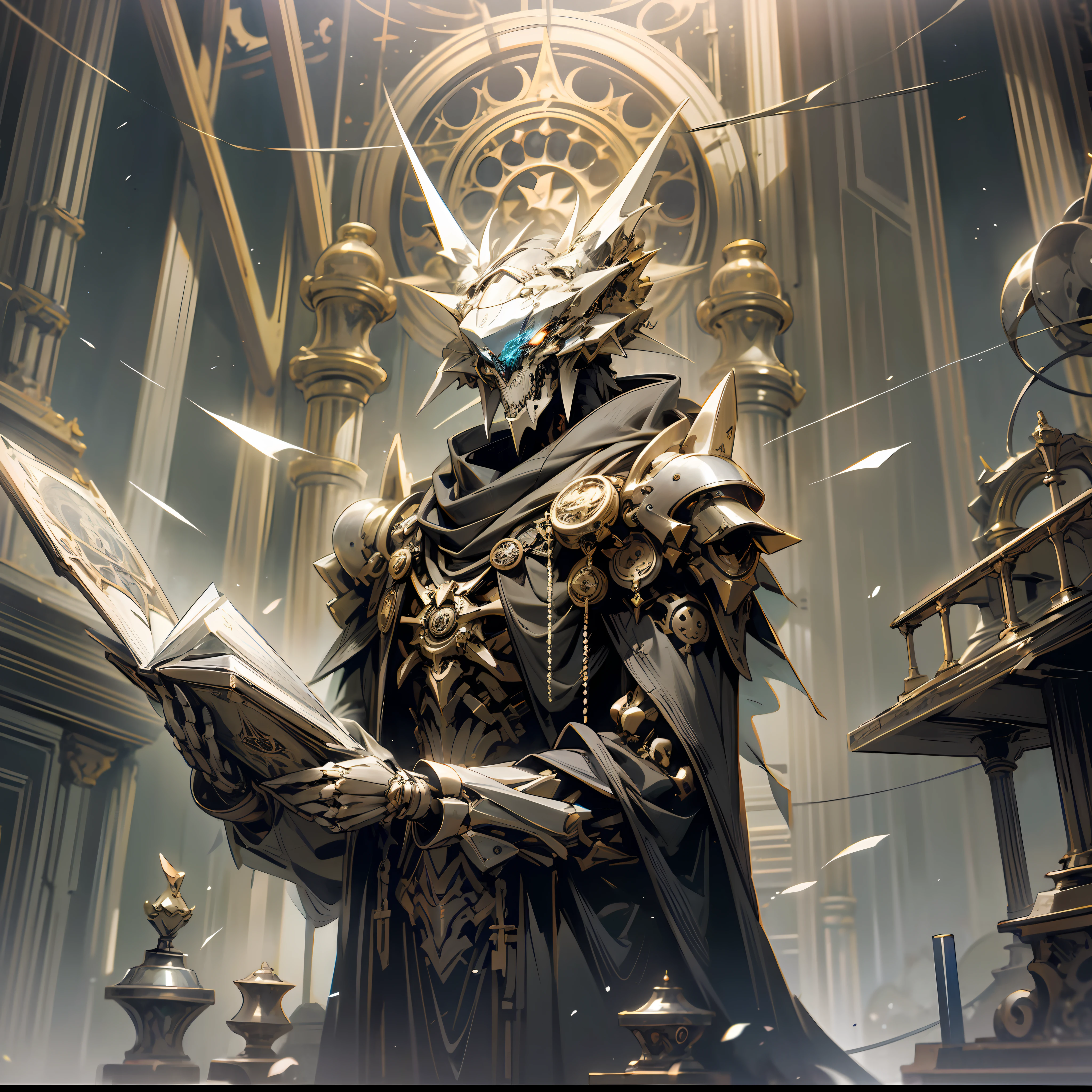 (highest quality, detail paramount), backdrop to futuristic urban ruins, with a semi-mechanized silver mechanical wolf on the left and a black-robed necromancer on the right, holding a magic book in his left hand and waving a wand in his right hand. The mechanical wolf emits a ghostly light, and its eyes and machine skeleton are very real. The magic array in the background of the necromancer and various other incredible objects combine to create a fantastic and mysterious atmosphere. Masterpiece, best quality, high resolution, best quality, high quality, detailed key anime art, best anime, 8k, best picture quality --auto --s2