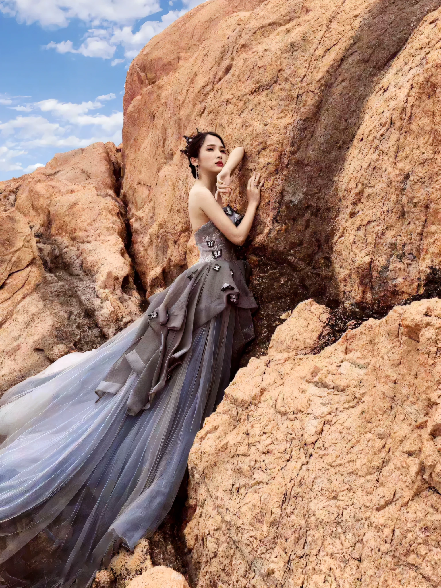araffe woman in a gray dress sitting on a rock, stunning elegant pose, sha xi, photoshoot, dilraba dilmurat, queen of the sea mu yanling, inspired by Qiu Ying, flowing gown, inspired by Chen Yifei, inspired by Tang Yifen, inspired by Zhang Yan, jinyiwei, inspired by Liu Haisu