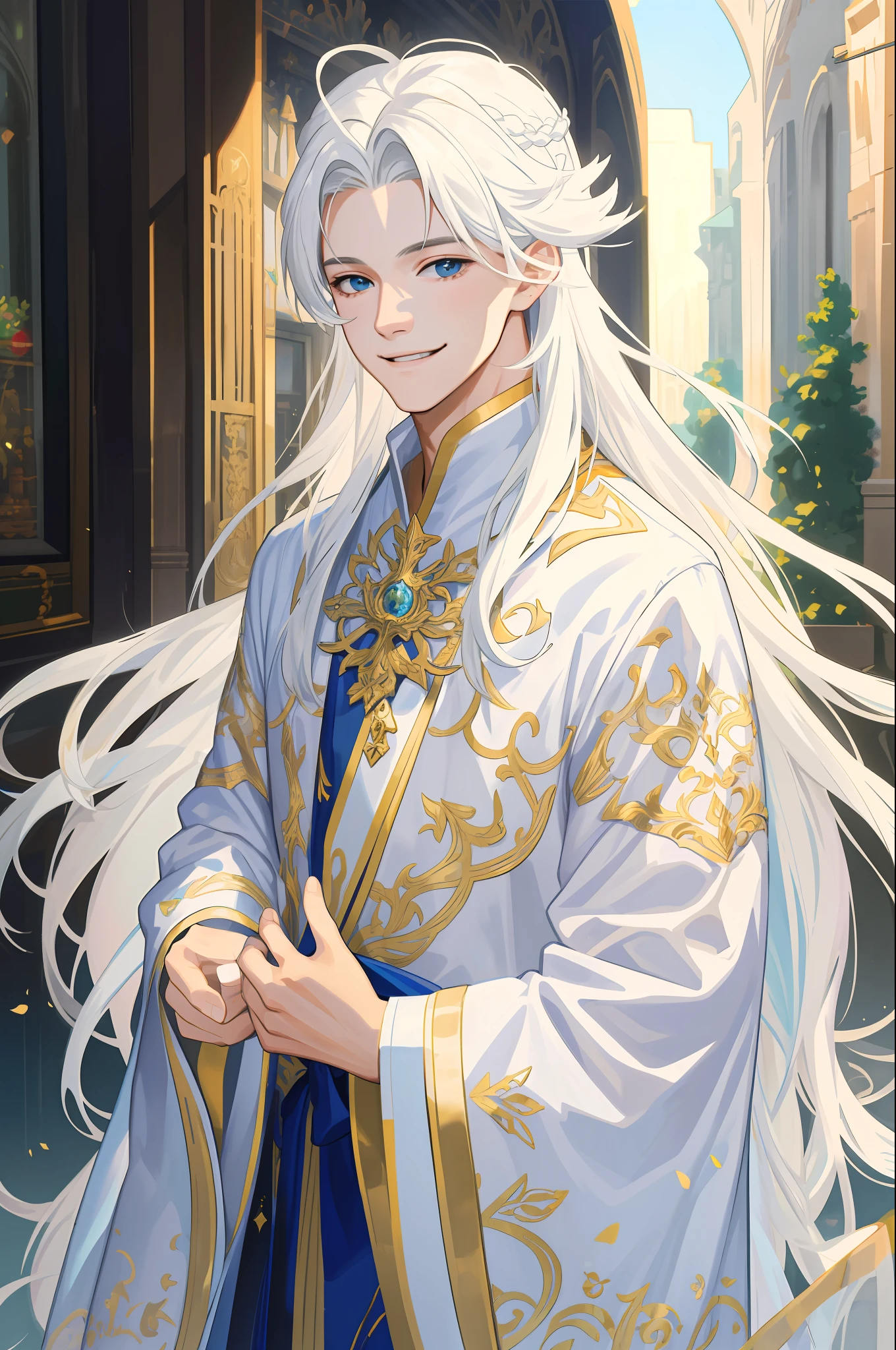 Masterpiece, super-fine, semi-realistic, meticulous facial features, 1boy, white hair, long hair, wearing exquisite fairy costumes, smiling