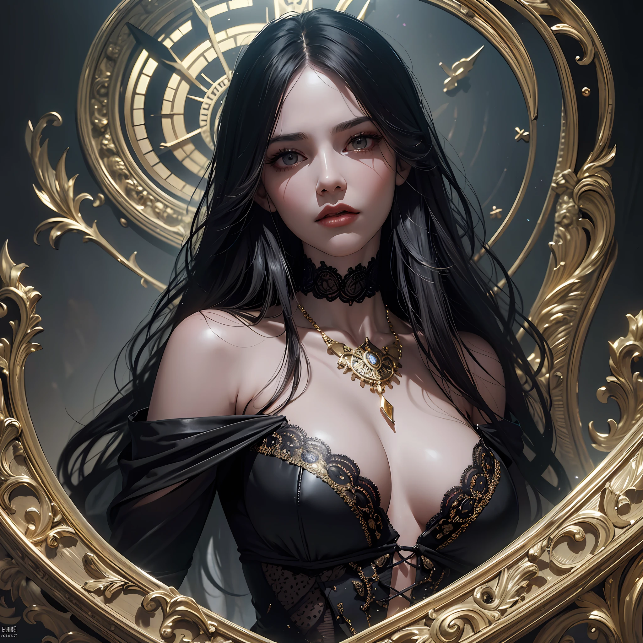 glamour shot of a dark-skinned maiden, gorgeous face, long black hair, lacy black dress, shining eyes, plunging neckacket, choker, victorian, ornate lace collar, elegant skirt dress, dramatic lighting, Lumen reflections, in the background, in the style of Guweiz, Anna Dittman, beautiful, symmetrical features, high resolution, vibrant, cinematic, hypermaximalist, elegant, ornate, luxury, elite, horror, creepy, ominous, haunting, matte painting, cinematic, cgsociety, john william waterhouse, william gapped, low light, volumetric lighting, fantasy,golden ratio, cinematic film noir, high realistic, 8k, --auto --s2