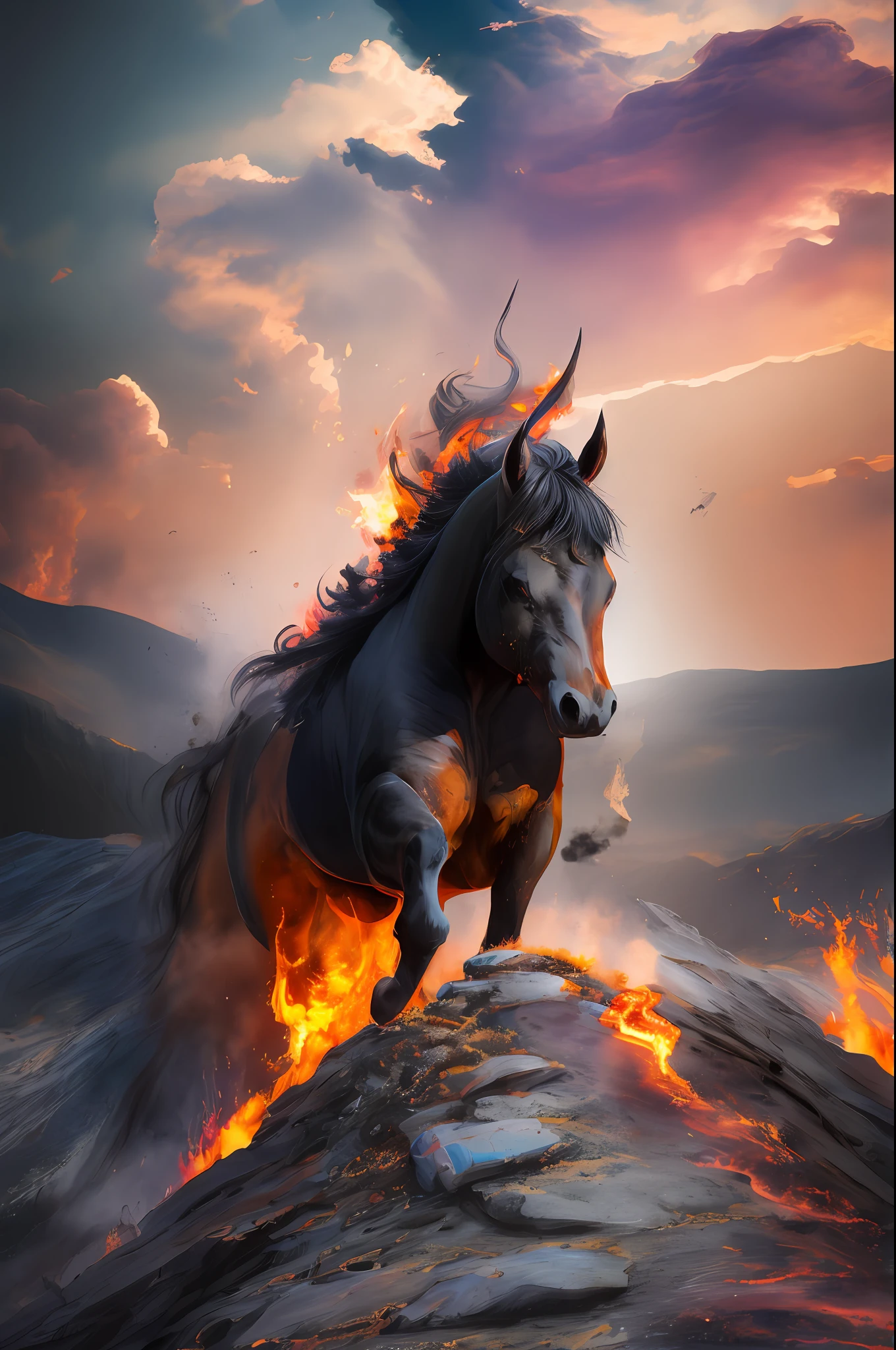 Abstraction from a volcano mountain and a black unicorn blazing with fire, high quality, high detail, hyperrealism, clear focus, masterpiece, perfection, 4k, photorealism. --auto --s2