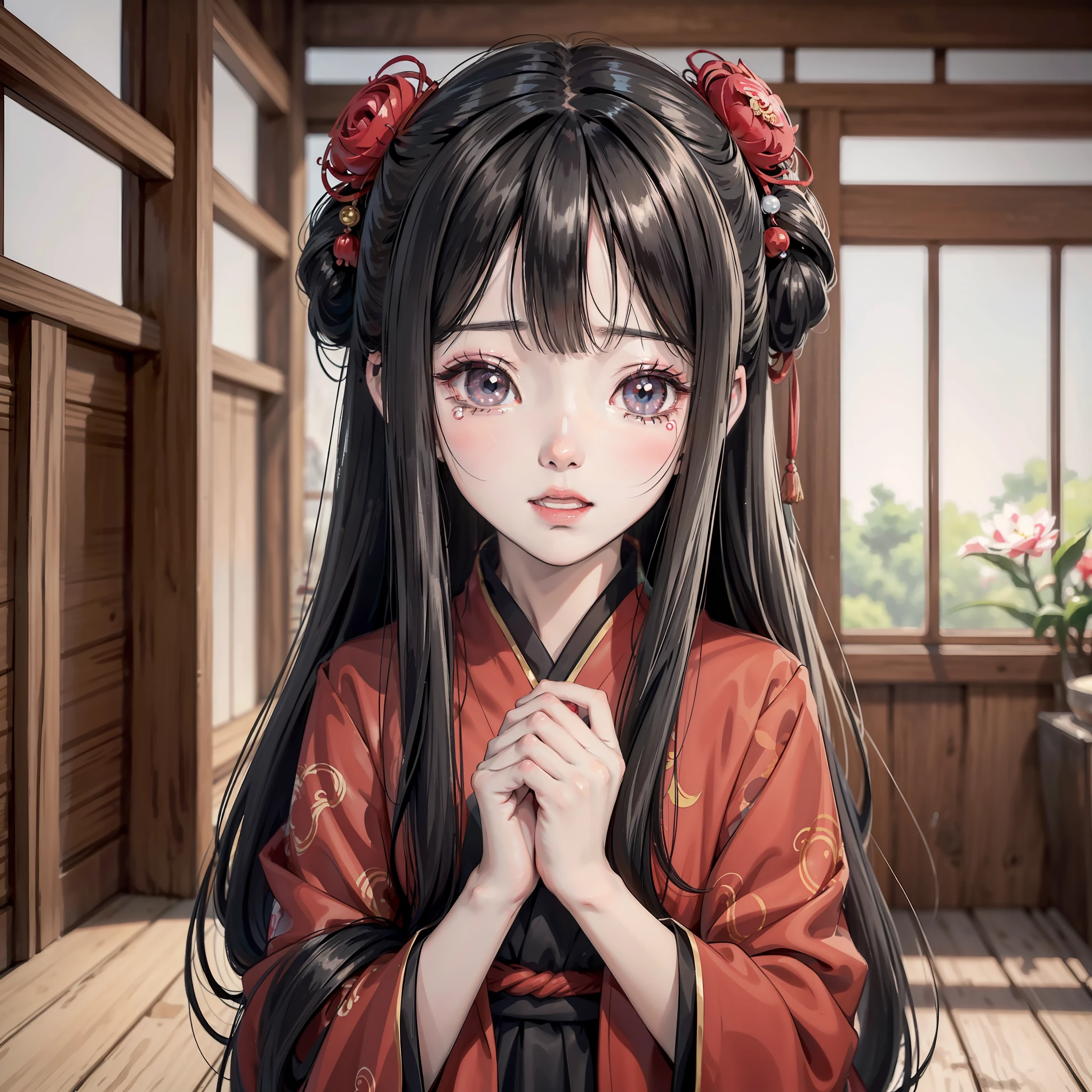 Ancient Chinese anime little girl with long black hair and about 10 years old wearing red Hanfu, red flower 1.3 (crying expression 1.5) (face hiding tears 1.5) (open mouth crying 1.2) (background is ancient Chinese room 1.5) anime style 4 K, anime rendering, Guvez style artwork, anime style. 8k, Guvitz, Beautiful Anime Girl, Beautiful Anime Face, Cute Anime Girl (Pure Big Eyes 1.5) (Upper Body Display 1.5) (Crystal Beautiful Eyes 1.5) (Poor Milk 1.3) (Baby Little Girl 1.3) (Cinematic Lighting 1.5)