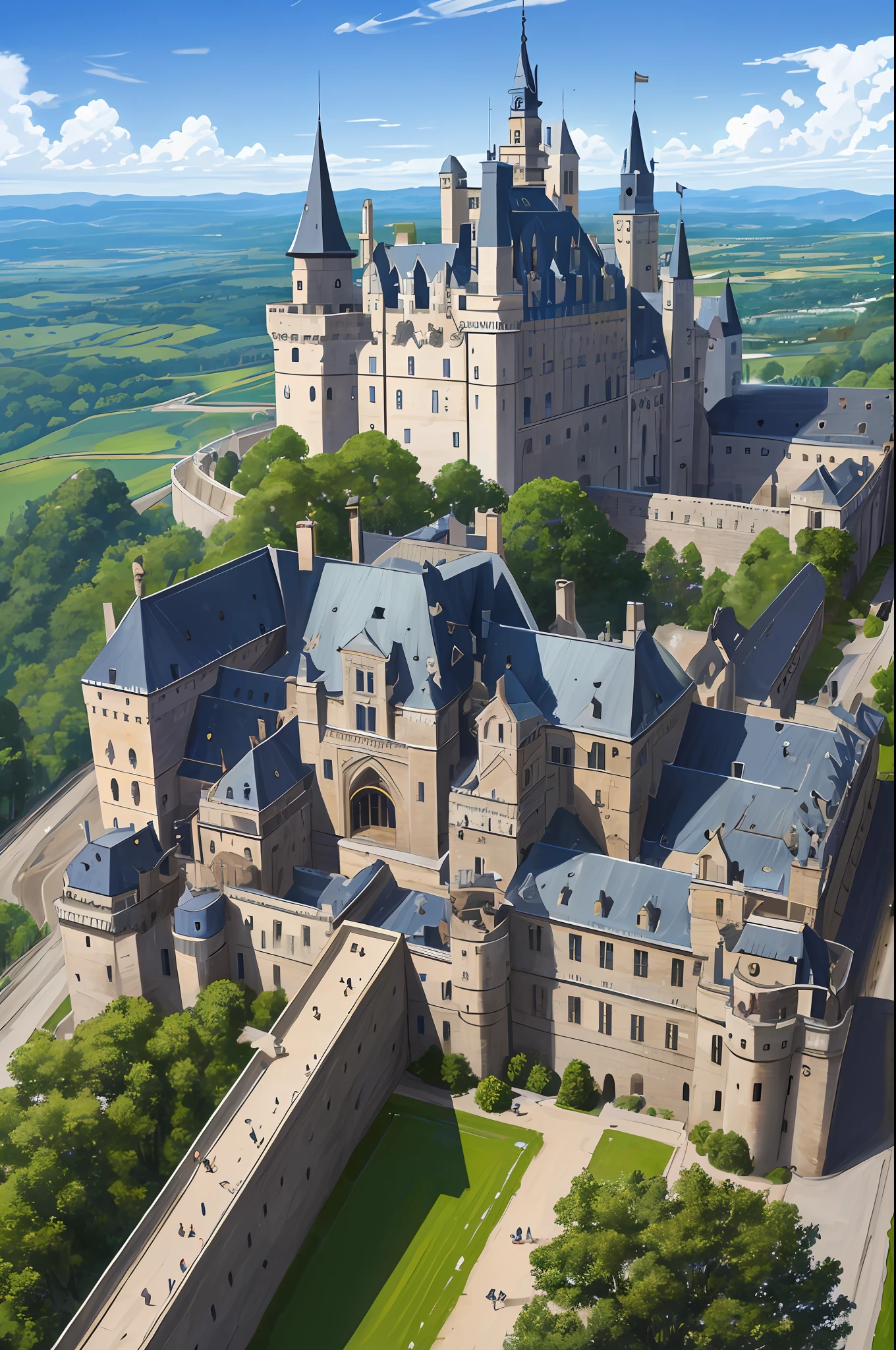 masterpiece, best quality, absurdres, The castle is a magnificent structure made of stone and surrounded by a protective wall. It is situated atop a rocky cliff overlooking the surrounding landscape. The castle itself is composed of a large central keep, with multiple towers and turrets rising up from its roof. The walls are adorned with intricate carvings and decorative features, such as gargoyles and crenellations, The castle's gatehouse is a formidable structure in its own right, with a massive portcullis and reinforced wooden doors. The castle's courtyard is expansive, with a training yard, stables, and barracks for the knights and soldiers who serve the castle's lord, From the cliff on which the castle stands, one can see for miles in all directions. The view is breathtaking, with rolling hills, dense forests, and winding rivers visible in the distance. Despite its imposing appearance, the castle is a place of refuge and safety for those who seek its protection.