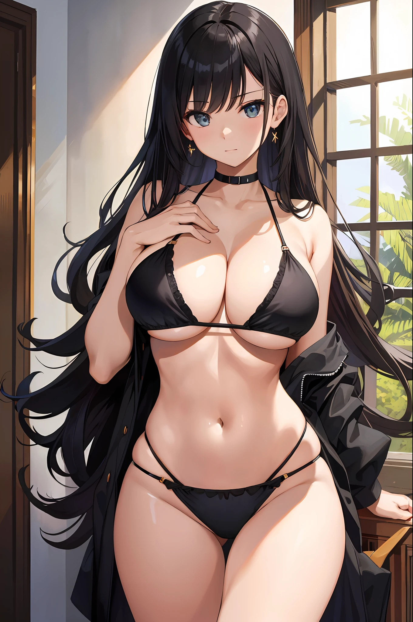 masterpiece, best quality, finely detailed, high resolution, extremely delicate and beautiful, (black bikini), (huge breasts)