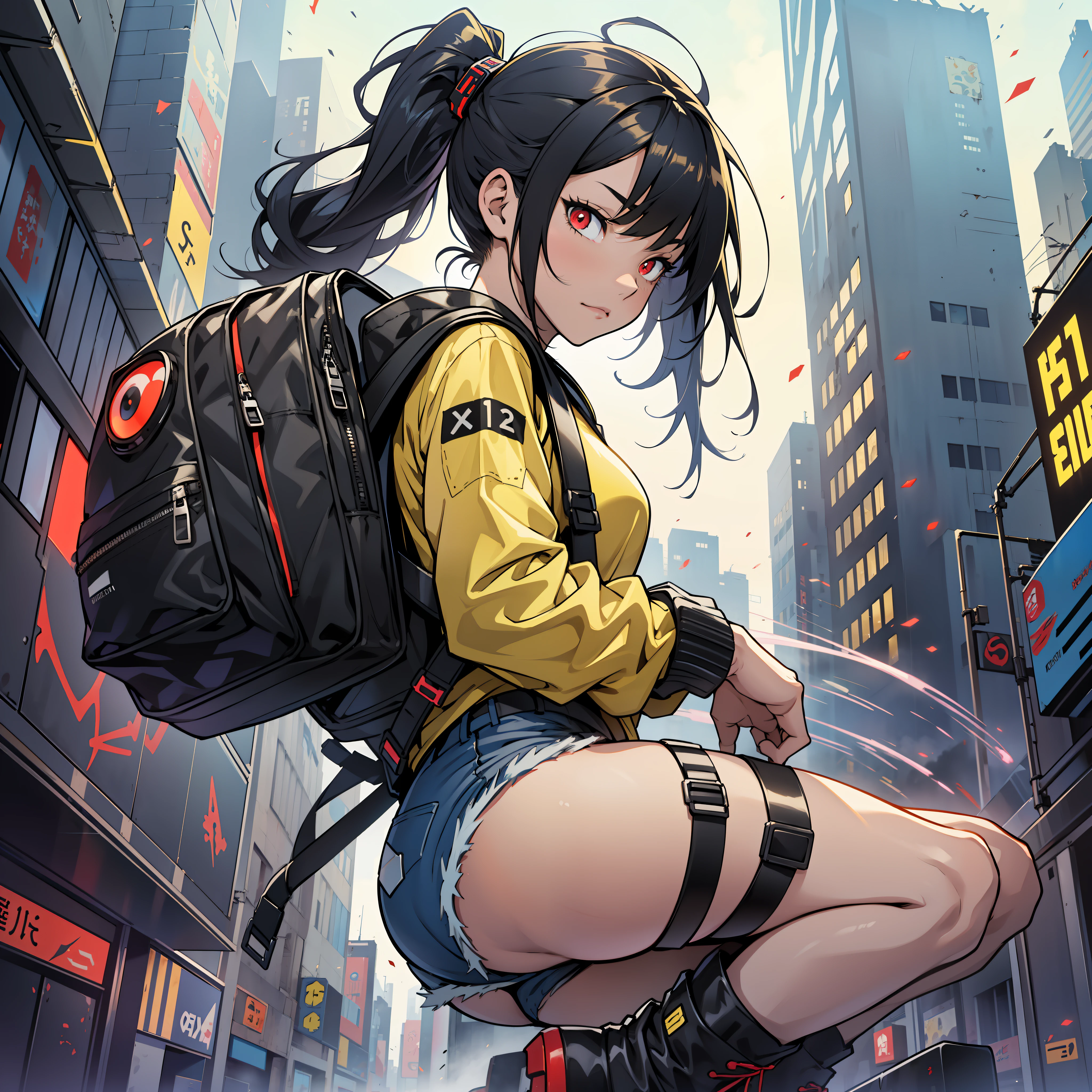 1girl, yellow outfit, black shorts, wearing spider cybernetic backpack,(red eyes), black boots,fluid dash, anime, fanciful, unrealistic trait, Cartoon anime( extremely detailed 1.1), abandoned city destroyed background --auto --s2