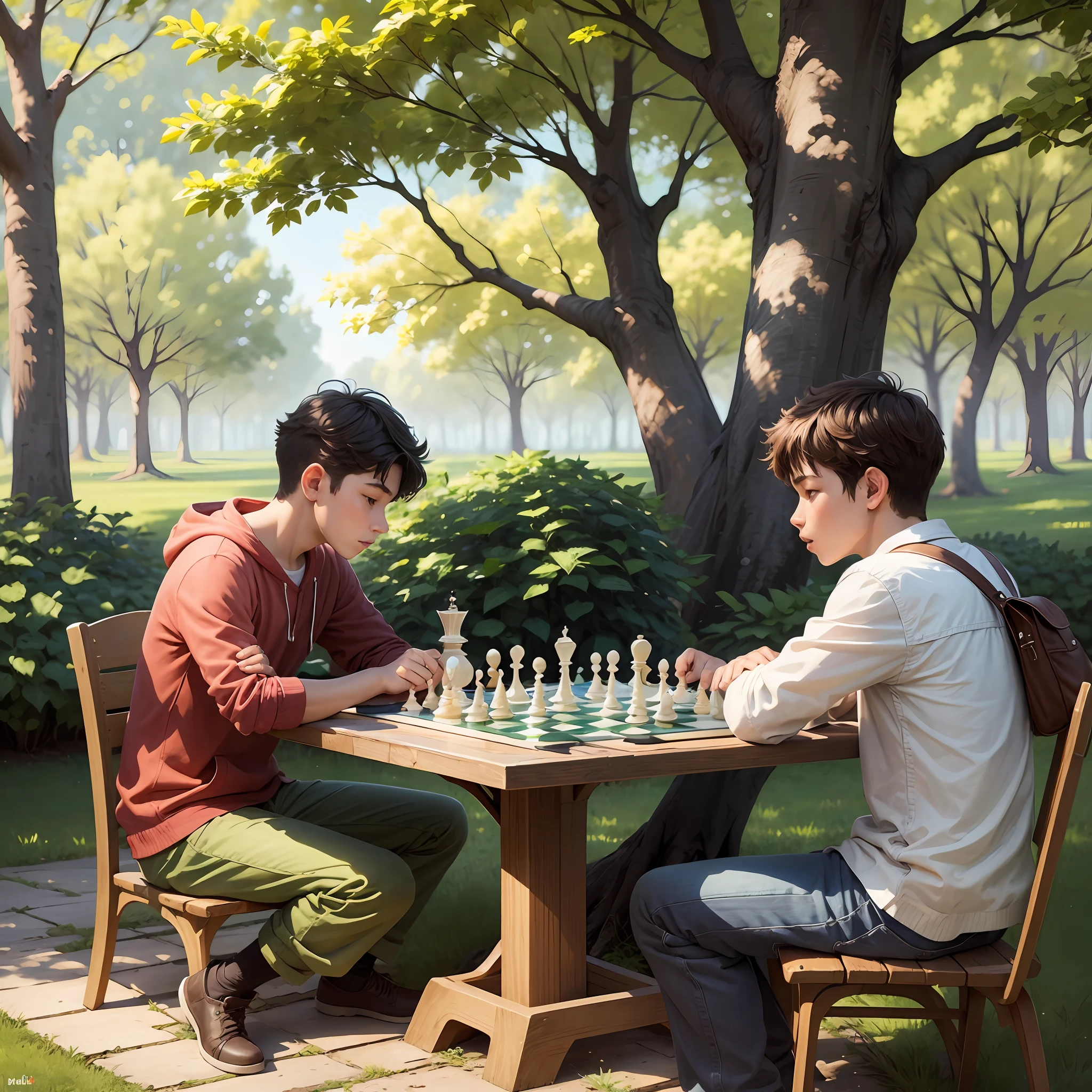 Real people, boys, playing chess, under the trees, early in the morning --auto --s2