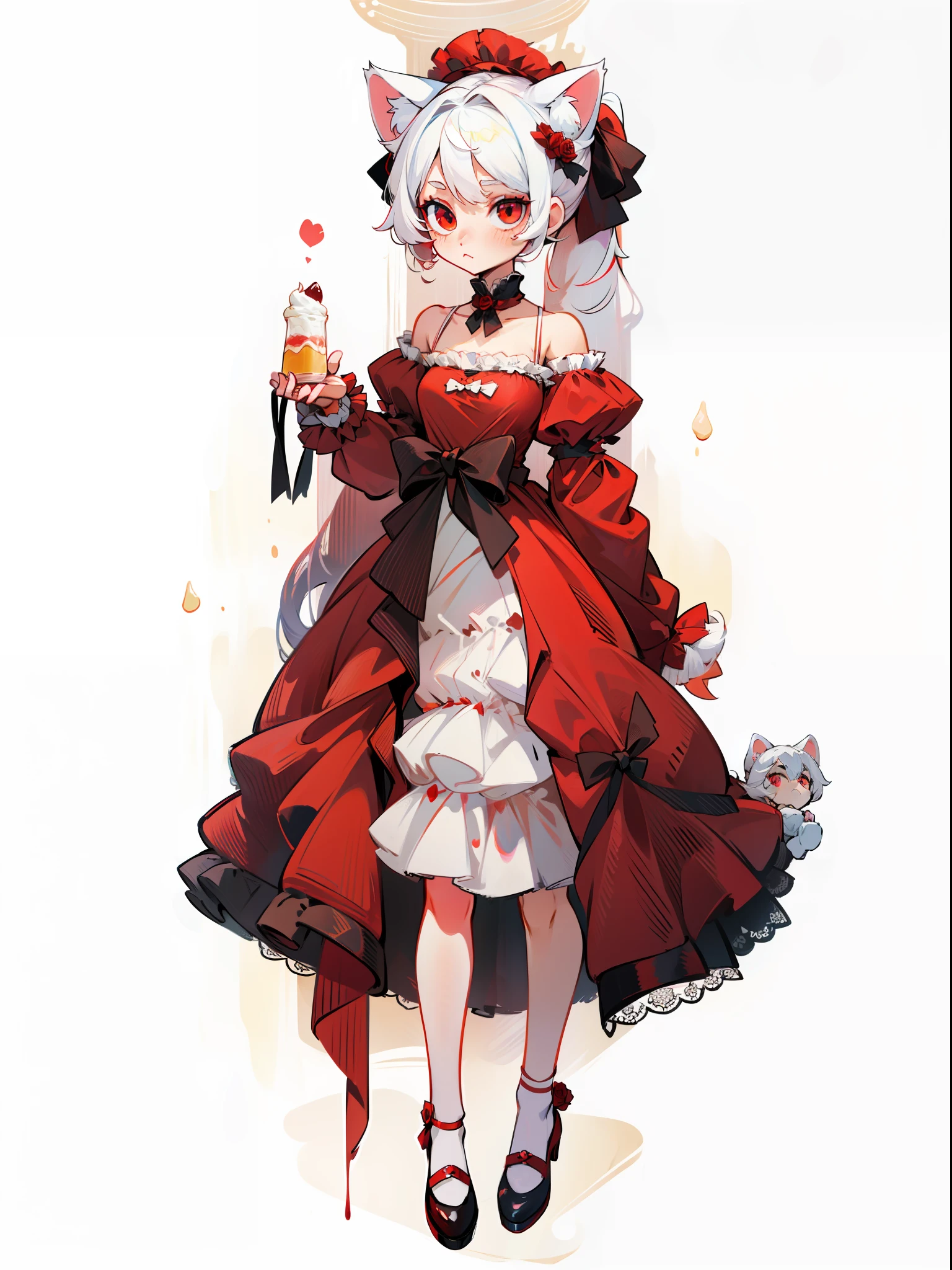 White hair girl, cute, red dress, lolita, double ponytail, cat ears, dessert, rose, full body, red eyes