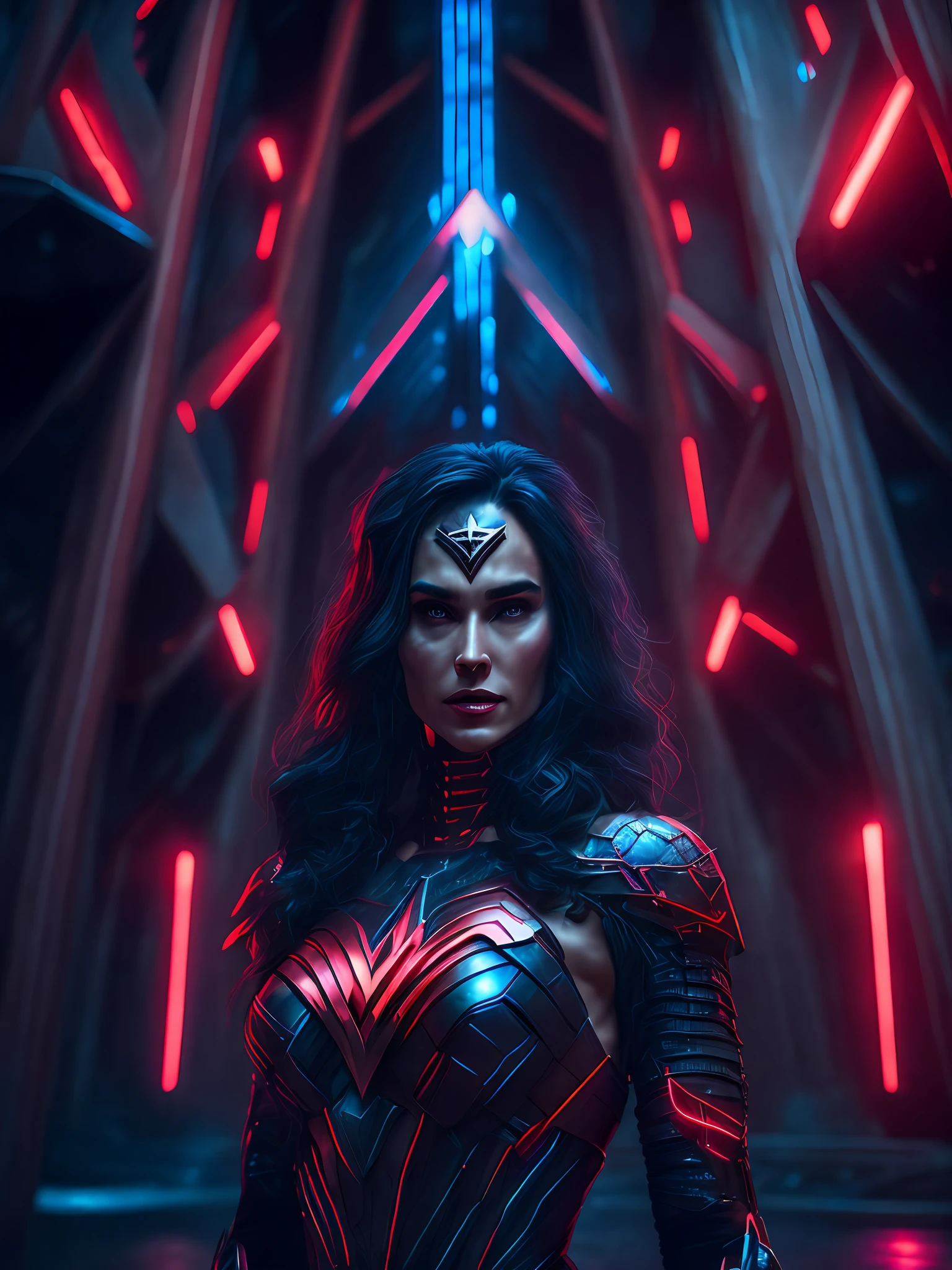 Dark portrait of DC's Bloody Wonder Woman with intricate angular cybernetic implants inside a brutalist building, gothic brutalist cathedral, cyberpunk, award-winning photo, bokeh, neon lights, cybernetic limb