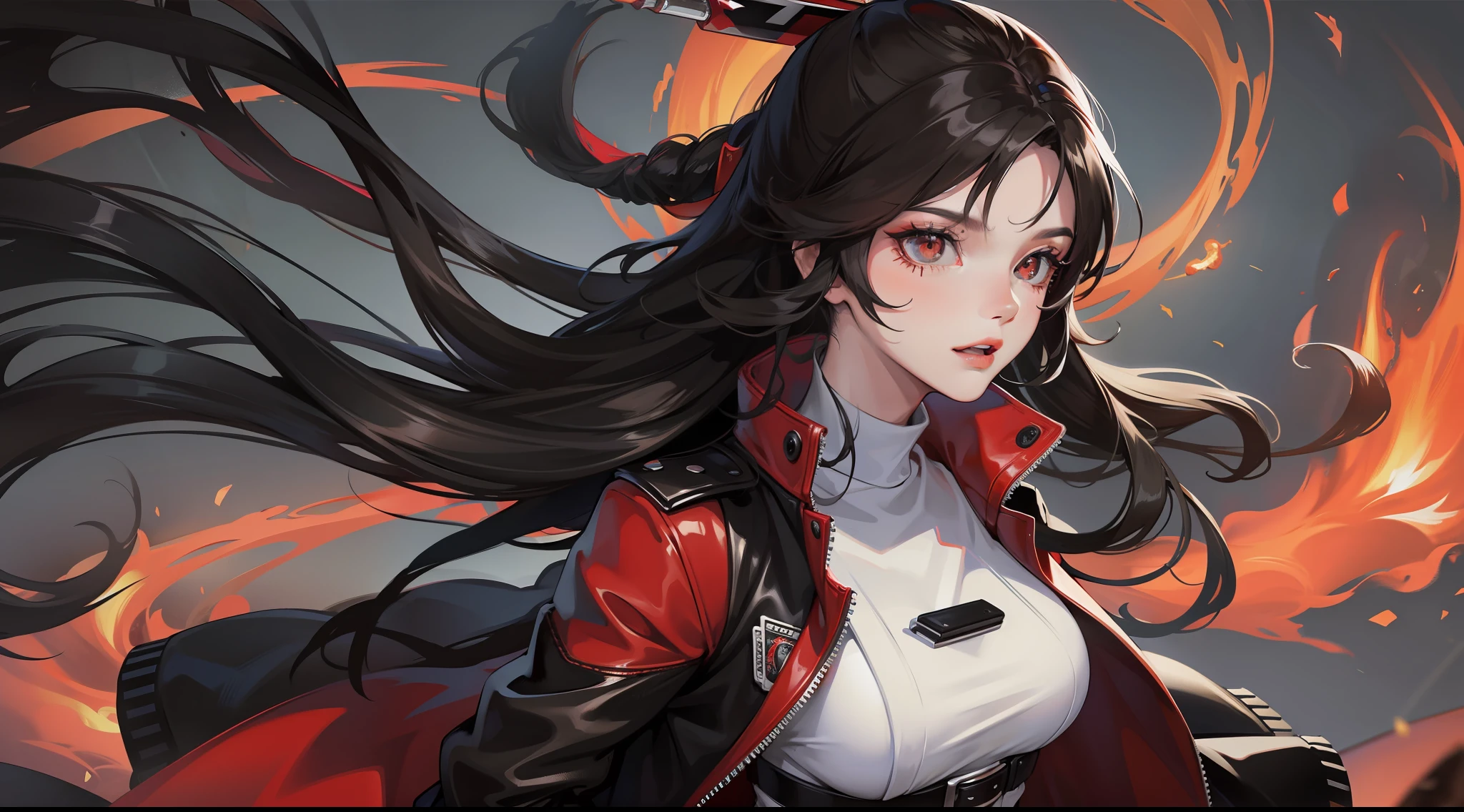 A woman with long black hair and a dark red storm jacket