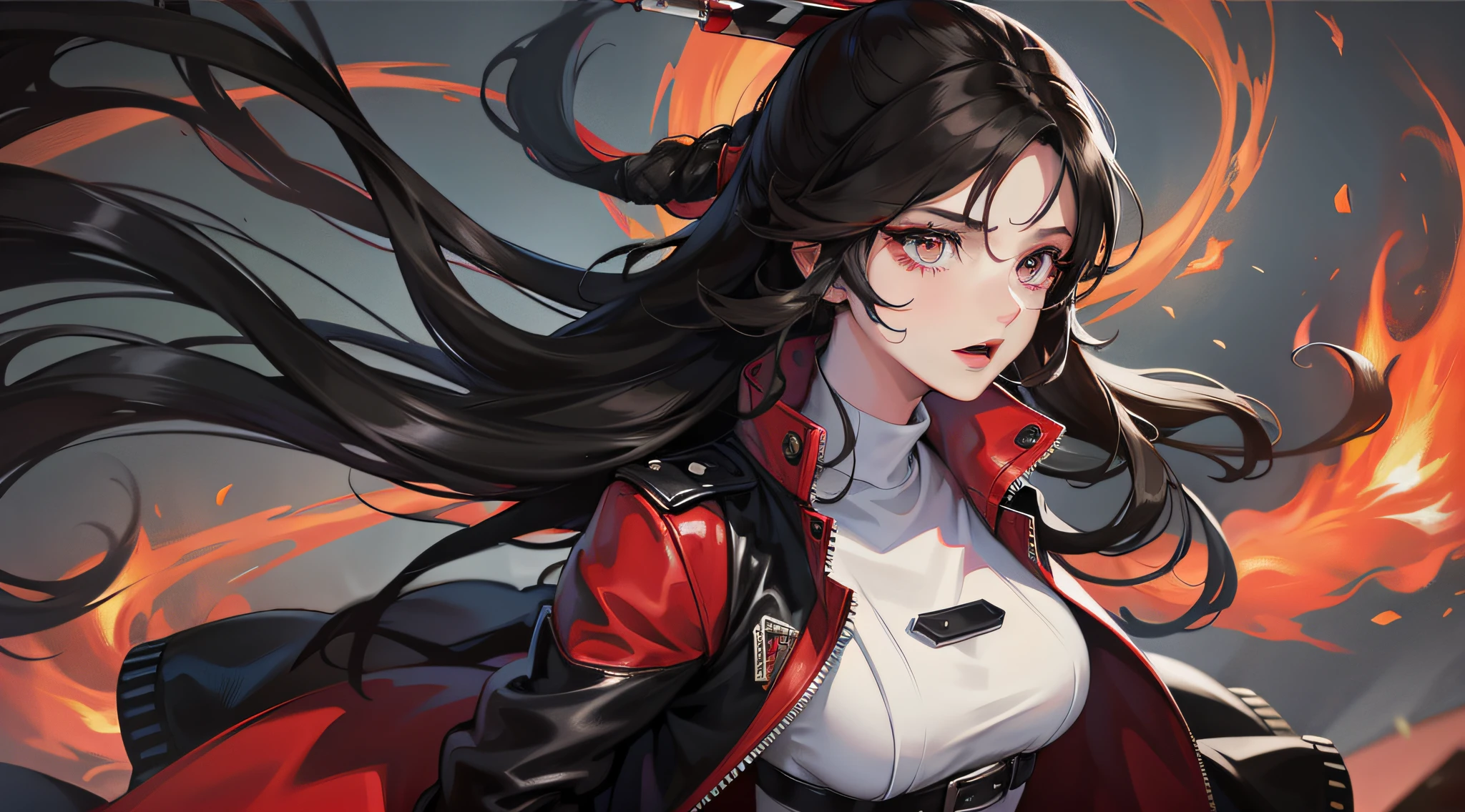 A woman with long black hair and a dark red storm jacket