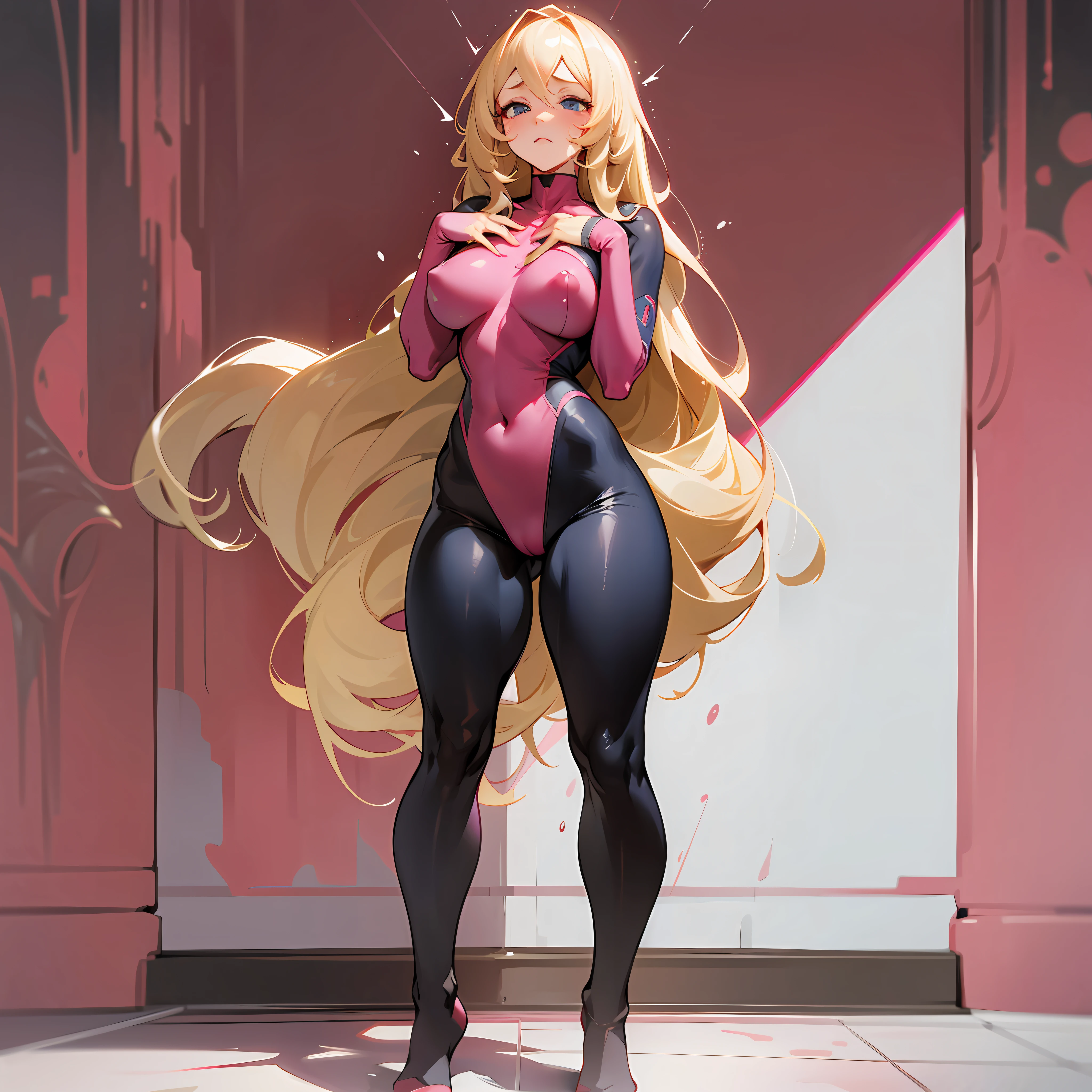 Long hair, beauty, tight-fitting suit, full body tights, big, close to skin, blonde, brainwashed, in a large amount of reddish-pink mucus, twitching all over the place, ahem face, puffy nipple