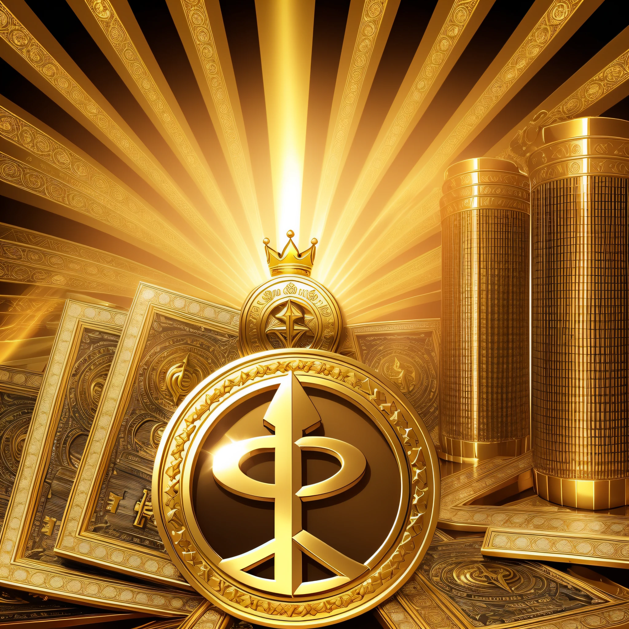 Imagine an impactful image that conveys power and prosperity. In the center of the image, there is a luxurious solid gold vault, filled with shiny jewelry and stacks of money bills. The vault is surrounded by rays of golden light, emanating a sense of positive energy. As the rays extend, symbols of success and abundance emerge, such as dollars flying in the air, a golden key representing the revealed secret, and a crown symbolizing the status and power achieved. In the background, there's a skyline of a thriving city, with gleaming skyscrapers and luxurious cars. The image as a whole emanates a sense of wealth, success, and manifestation of prosperity. --auto --s2