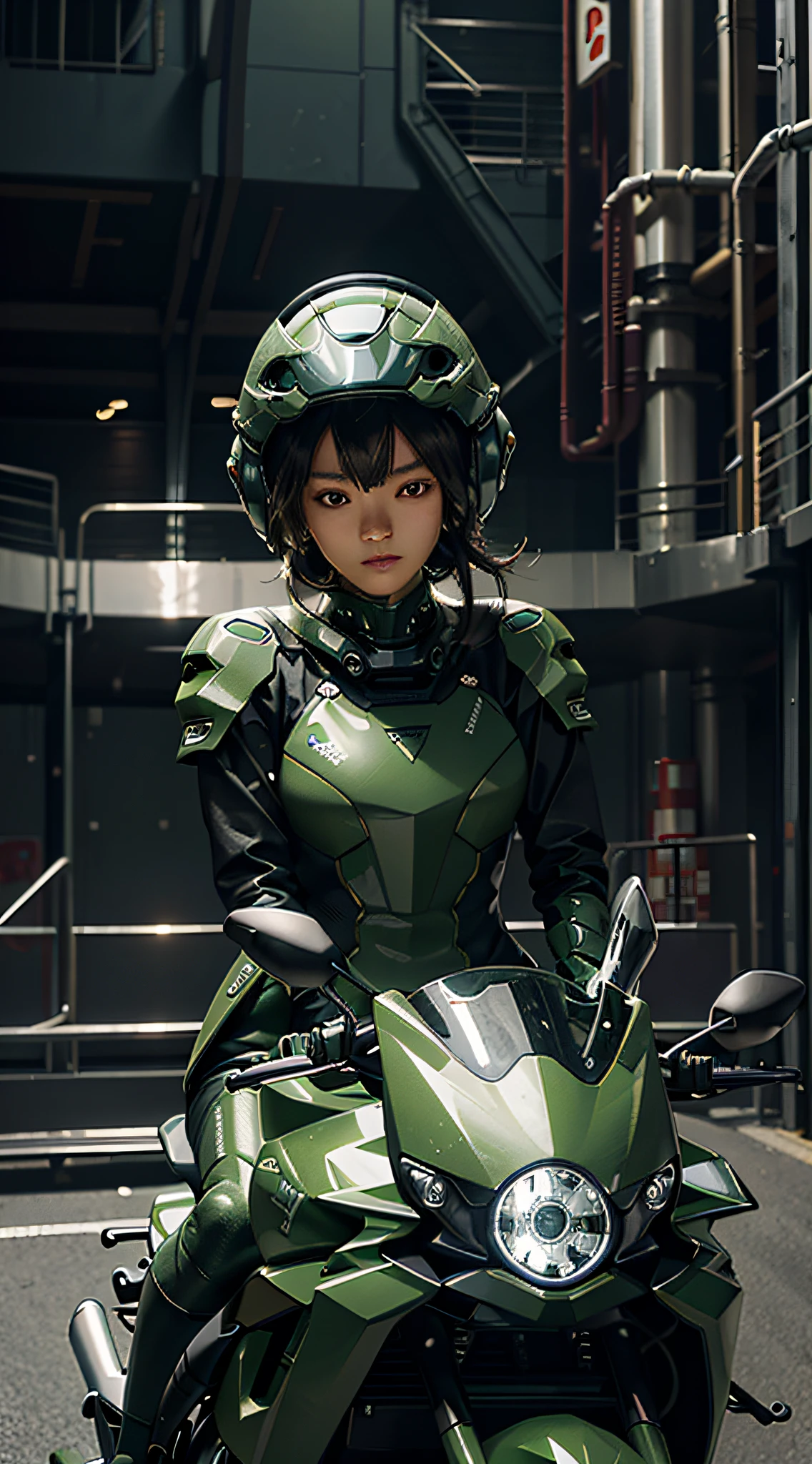 Highest image quality, outstanding details, ultra-high resolution, (realism: 1.4), the best illustration, favor details, highly condensed 1girl, with a delicate and beautiful face, dressed in a black and green mecha, wearing a mecha helmet, holding a directional controller, riding on a motorcycle, the background is a high-tech lighting scene of the future city.