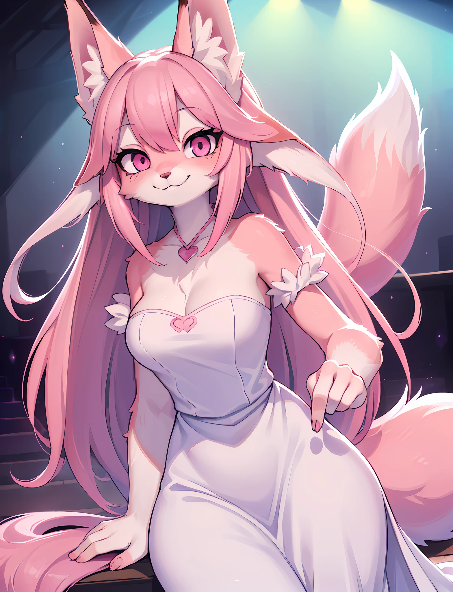 Hi res), (((masterpiece)) , ((best quality)), illustration, furry, fox, pink fox ears, pink fox tail, white body fur, 1 GIRL, POV, UPPER BODY, 1 GIRL, SOLO, LONG HAIR, WHITE GRADIENT PINK HAIR, *//*, PINK EYES, *//*, WHITE LONG DRESS, LOOKING AT THE AUDIENCE, SMILING,
