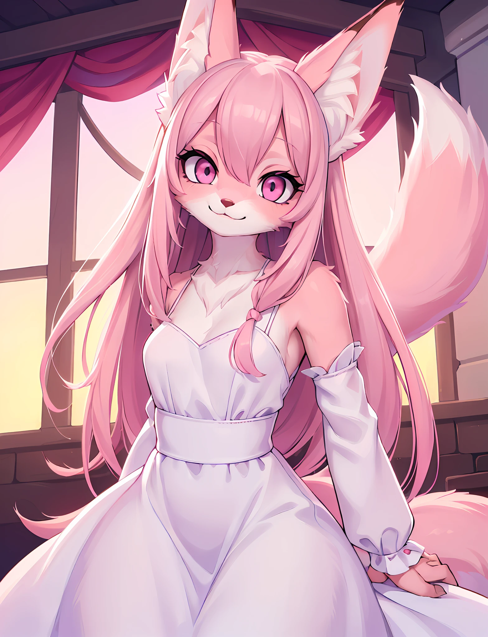 Hi res), (((masterpiece)) , ((best quality)), illustration, furry, fox, pink fox ears, pink fox tail, white body fur, 1 GIRL, POV, UPPER BODY, 1 GIRL, SOLO, LONG HAIR, WHITE GRADIENT PINK HAIR, *//*, PINK EYES, *//*, WHITE LONG DRESS, LOOKING AT THE AUDIENCE, SMILING,