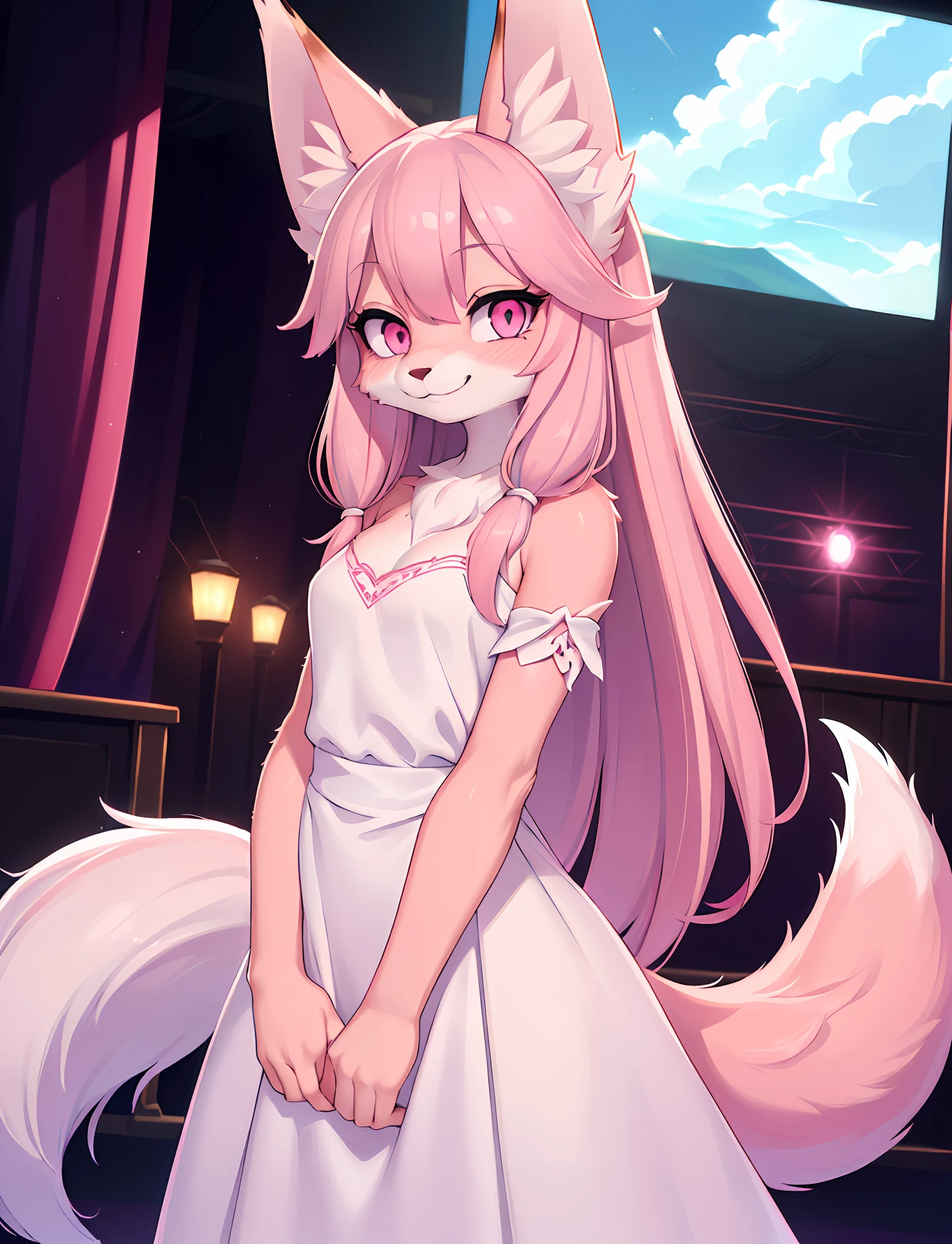 Hi res), (((masterpiece)) , ((best quality)), illustration, furry, fox, pink fox ears, pink fox tail, white body fur, 1 GIRL, POV, UPPER BODY, 1 GIRL, SOLO, LONG HAIR, WHITE GRADIENT PINK HAIR, *//*, PINK EYES, *//*, WHITE LONG DRESS, LOOKING AT THE AUDIENCE, SMILING,