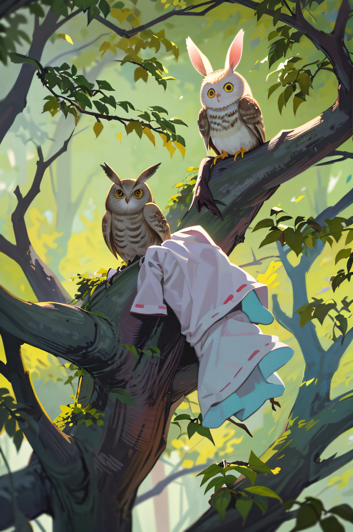 the bunny was jumping excitedly through the forest when he spotted Lila the owl perched on a high branch.