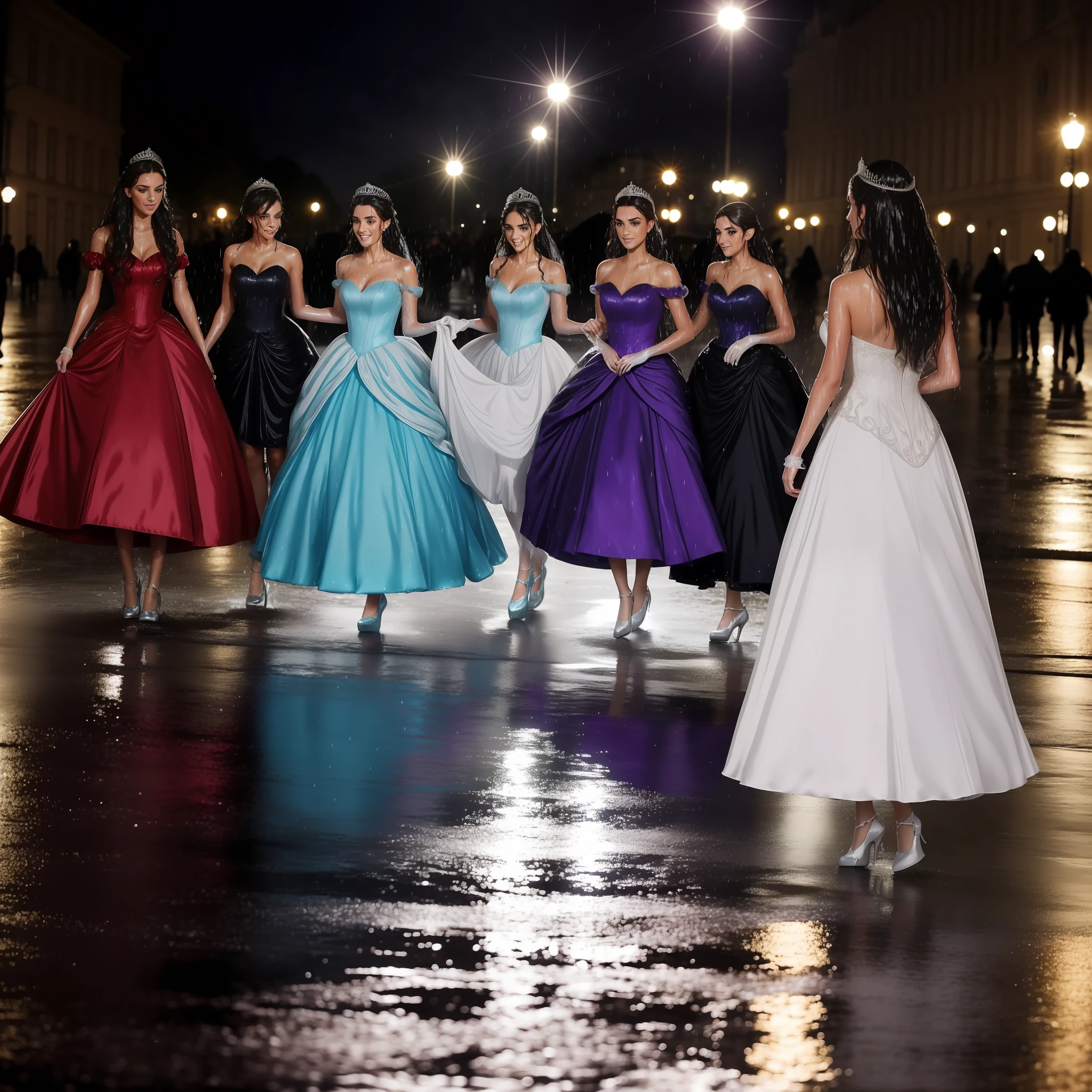 a group of beautiful princesses, dressed for a royal ball (ballgowns, long gloves, tiaras), dancing in the street at night in the rain, wet hair, wet dresses (((drenched))) (((soaked))) (((dishevelled))) (((clinging)))