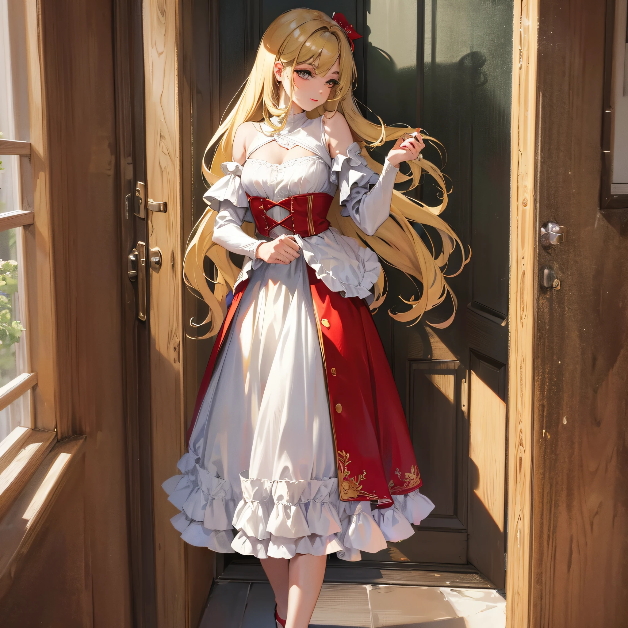 ((Masterpiece: 1.2, Best Quality)), opens the door, blonde woman in a red dress